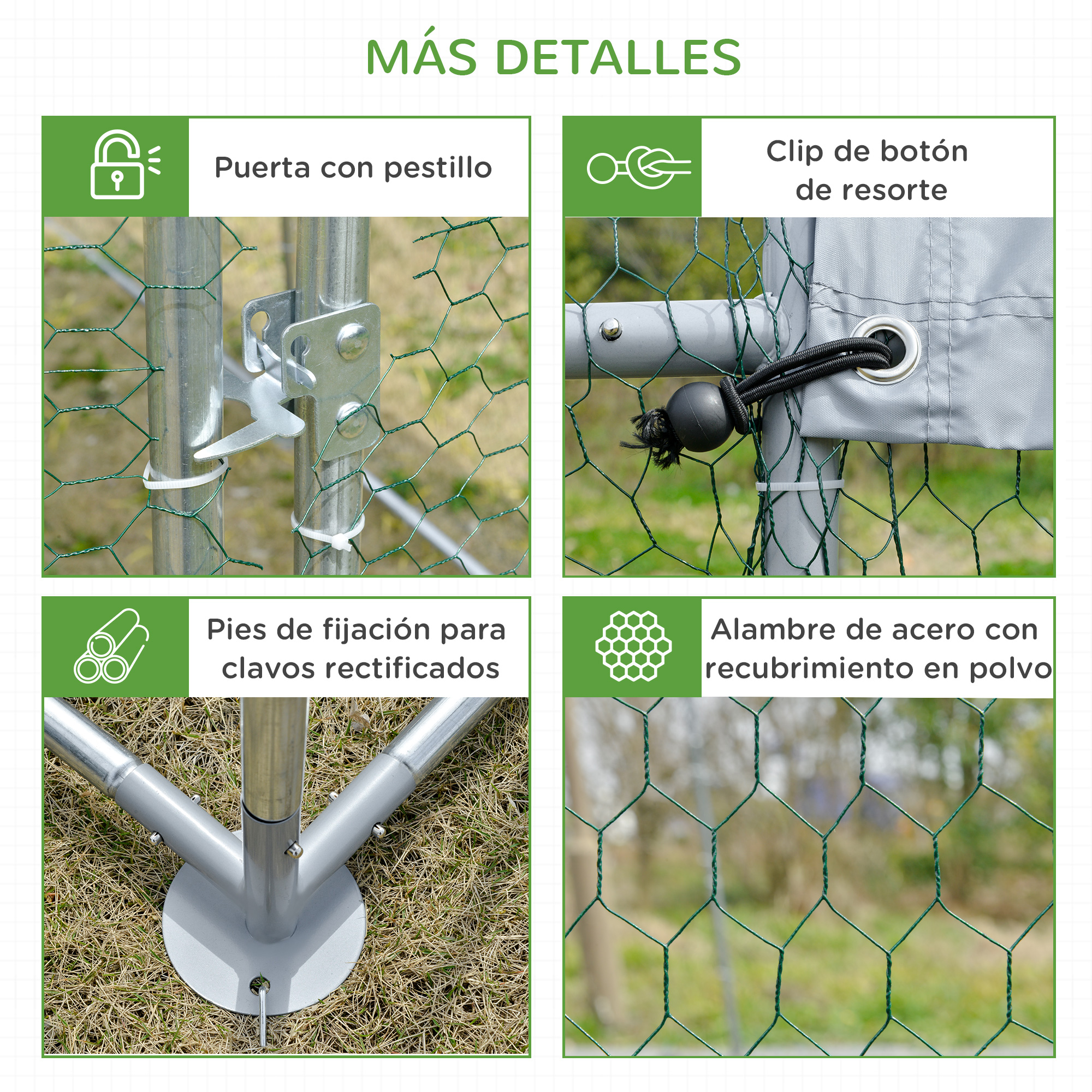 Detalles de primer plano de una jaula con características de cierre y fijación.