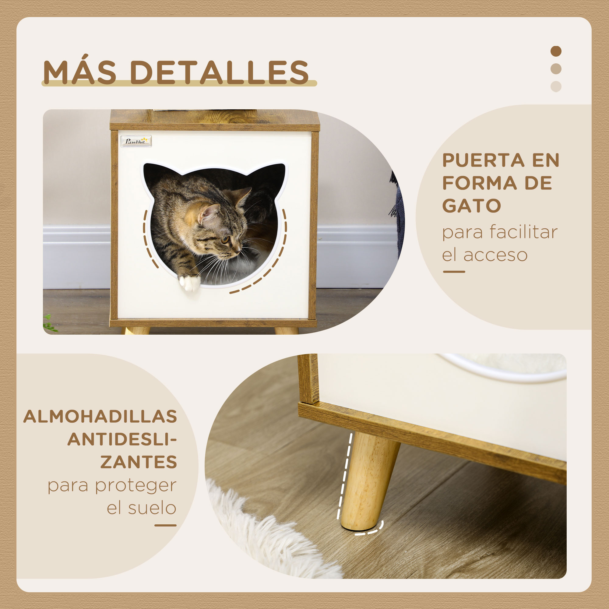 Cama para gatos con acceso en forma de gato y almohadillas antideslizantes. Estructura de madera, gato dentro.