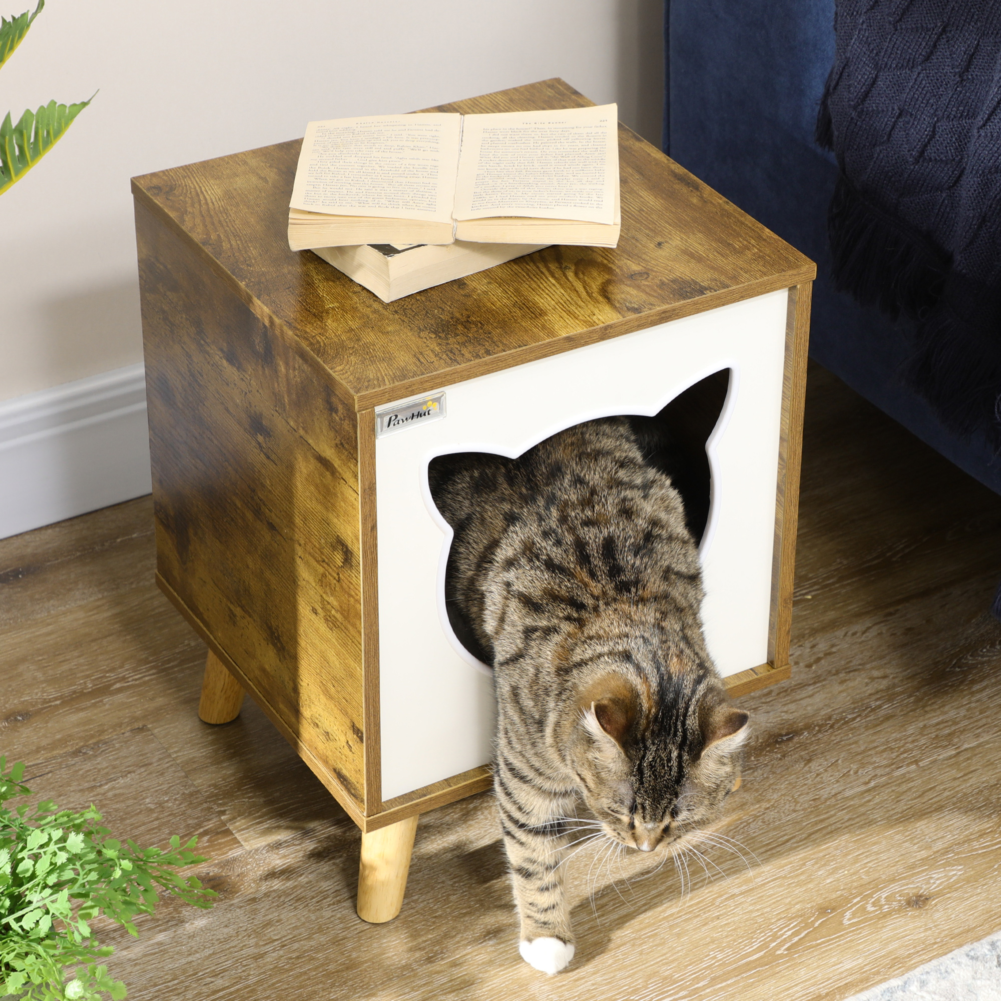 Gato saliendo de una casa de gato de madera con un libro encima. Combinación de colores marrón y blanco.