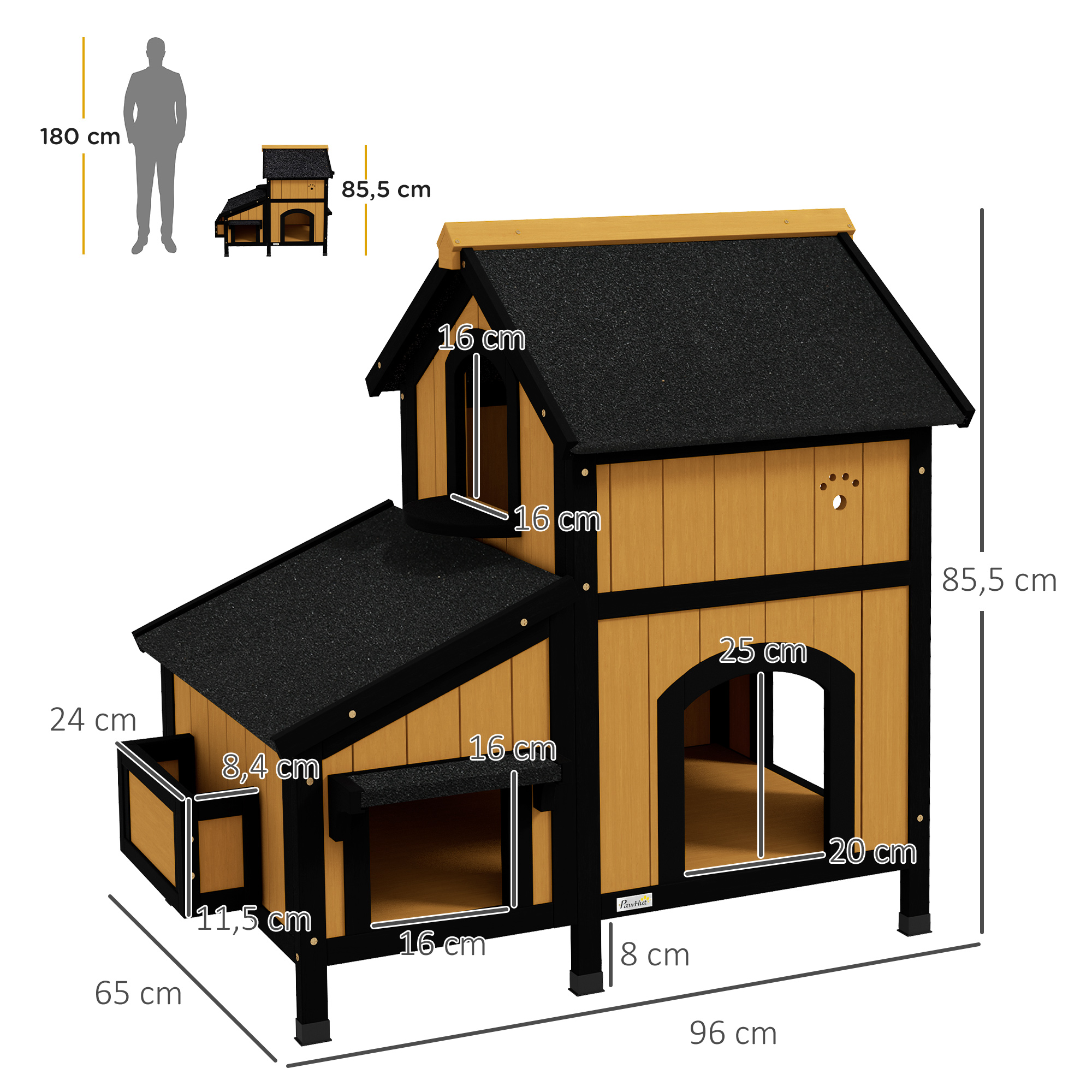 Gallinero de madera con dimensiones y silueta de persona para comparar tamaños.