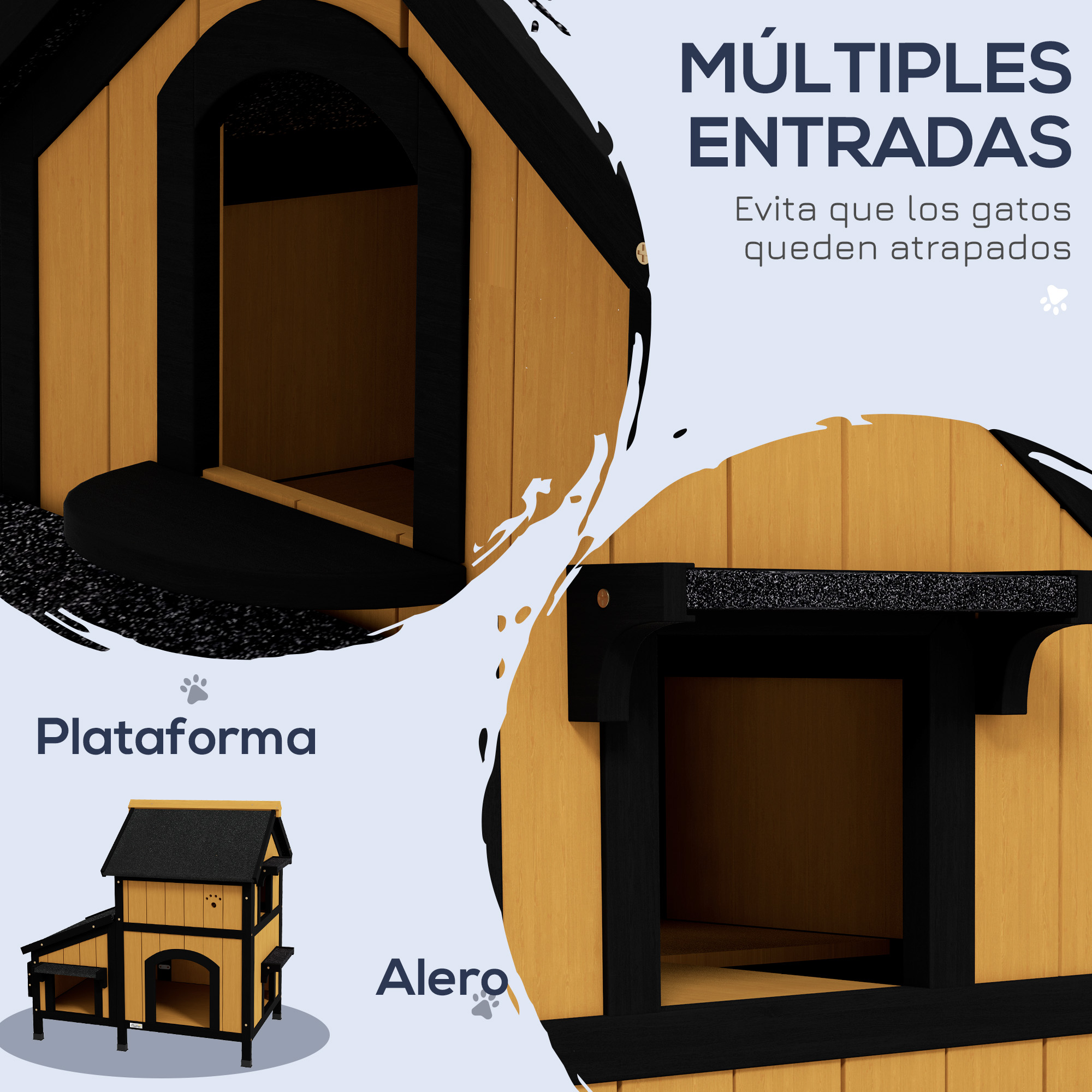 Una casa para gatos de madera con múltiples entradas, que presenta una plataforma y un toldo, con un primer plano de la entrada.