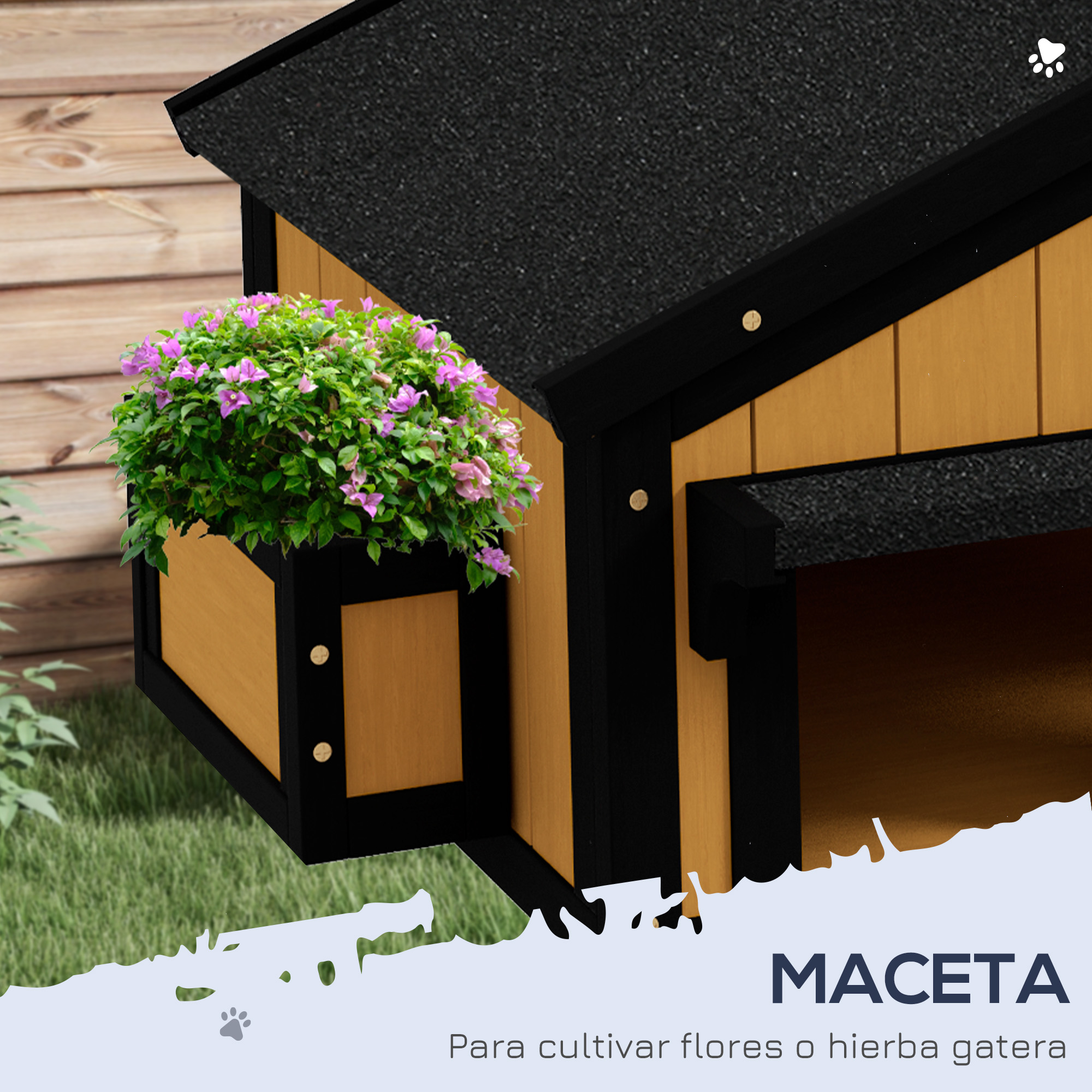 Caseta para perros con jardinera. La jardinera tiene flores moradas y está unida a la caseta.