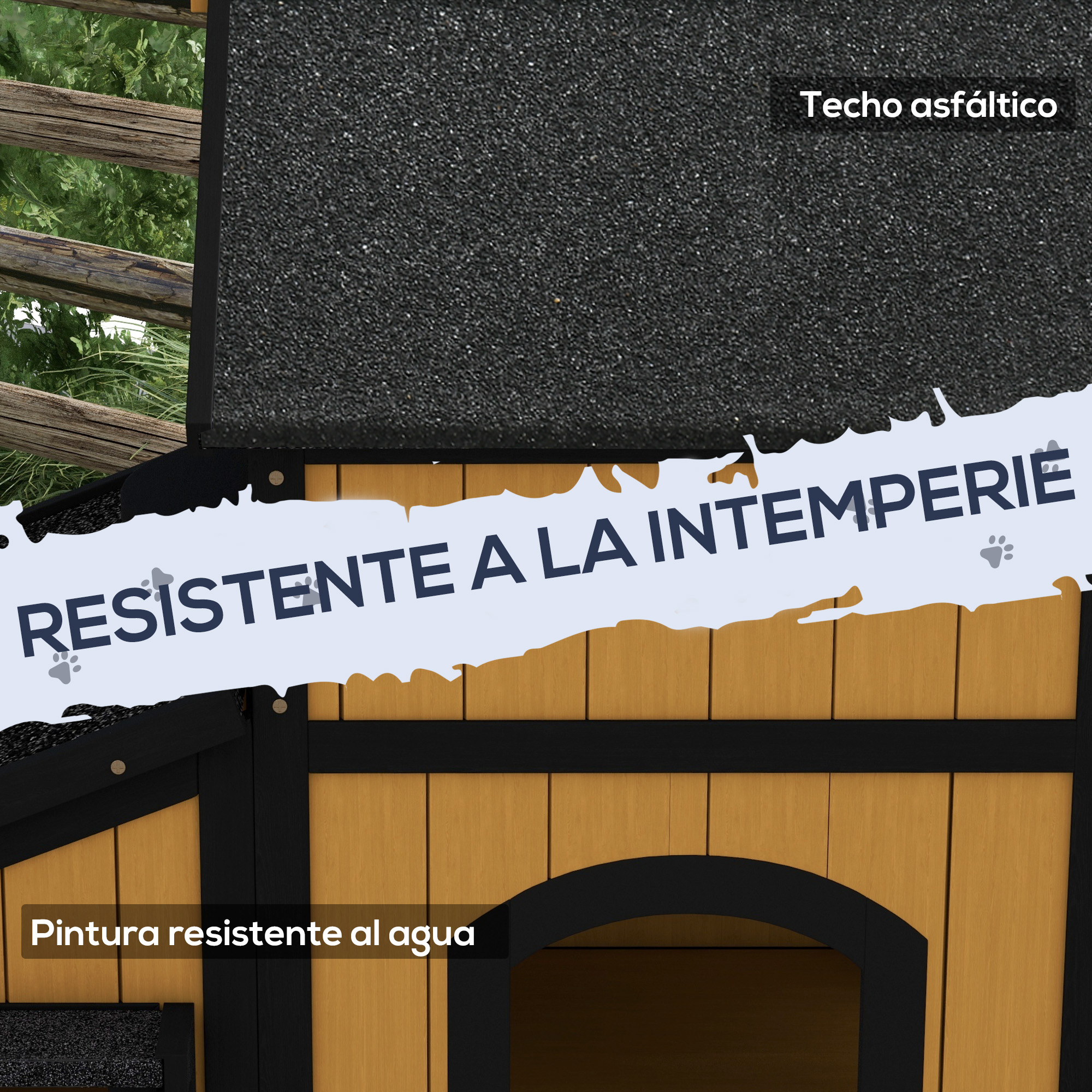 Detalle de la caseta para perros con techo de asfalto y pintura resistente al agua. Estructura de madera con detalles negros.
