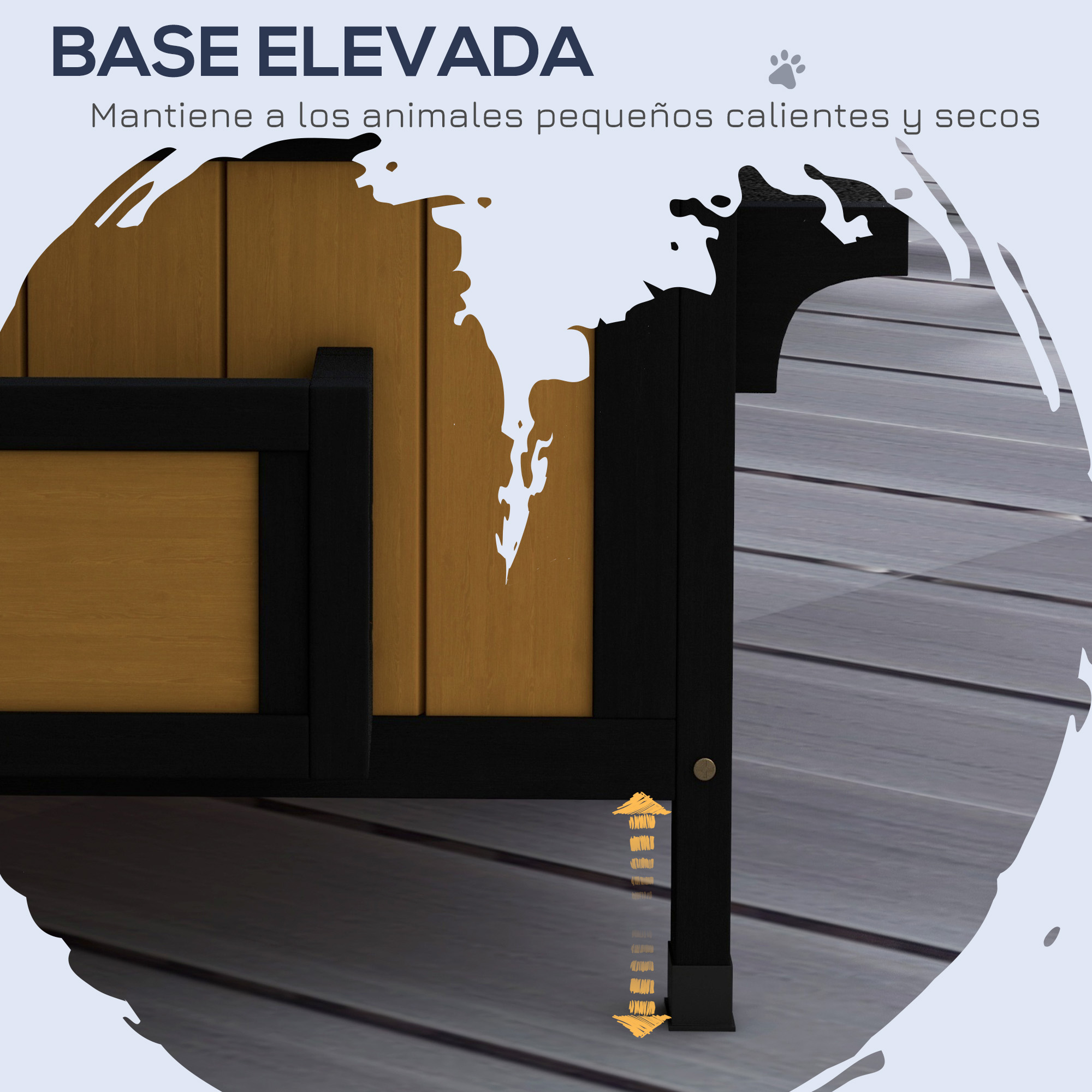 Base elevada de caseta para perros. Construcción de madera marrón y negra, con contorno blanco.