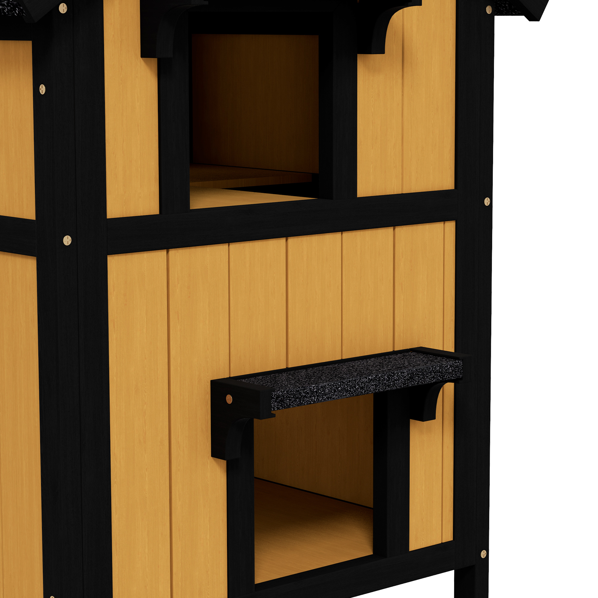 Casa para gatos de madera con ribete negro y dos aberturas, una con una pequeña plataforma.