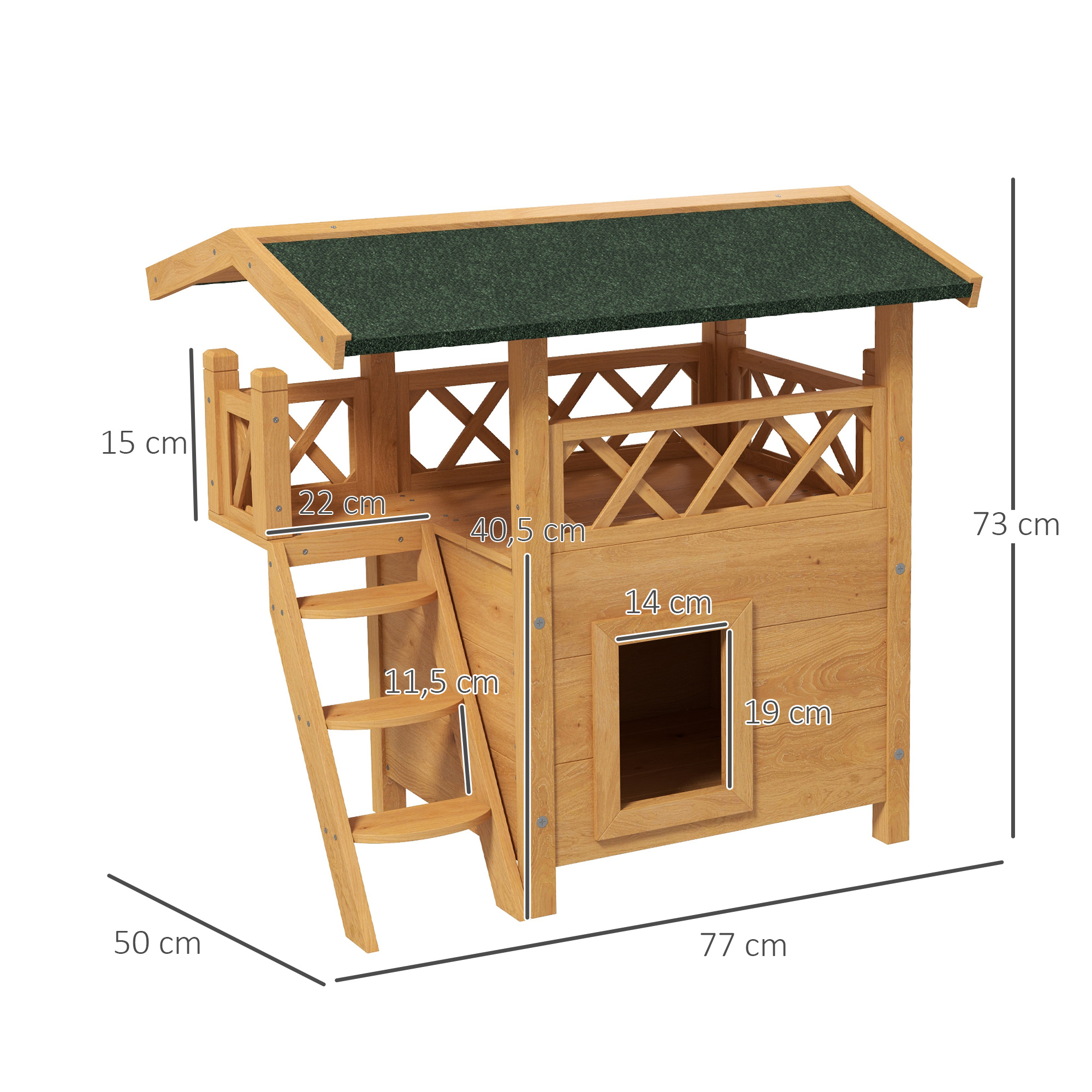 Una casita de juegos de madera con dimensiones. Tiene una escalera, un balcón y un techo verde.