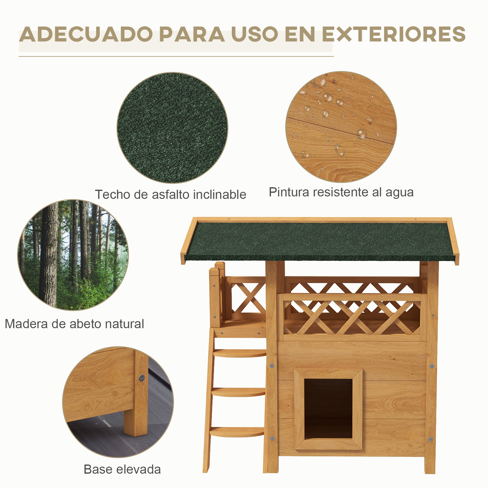Casa para perros de madera con techo verde. Incluye escalera y base elevada.