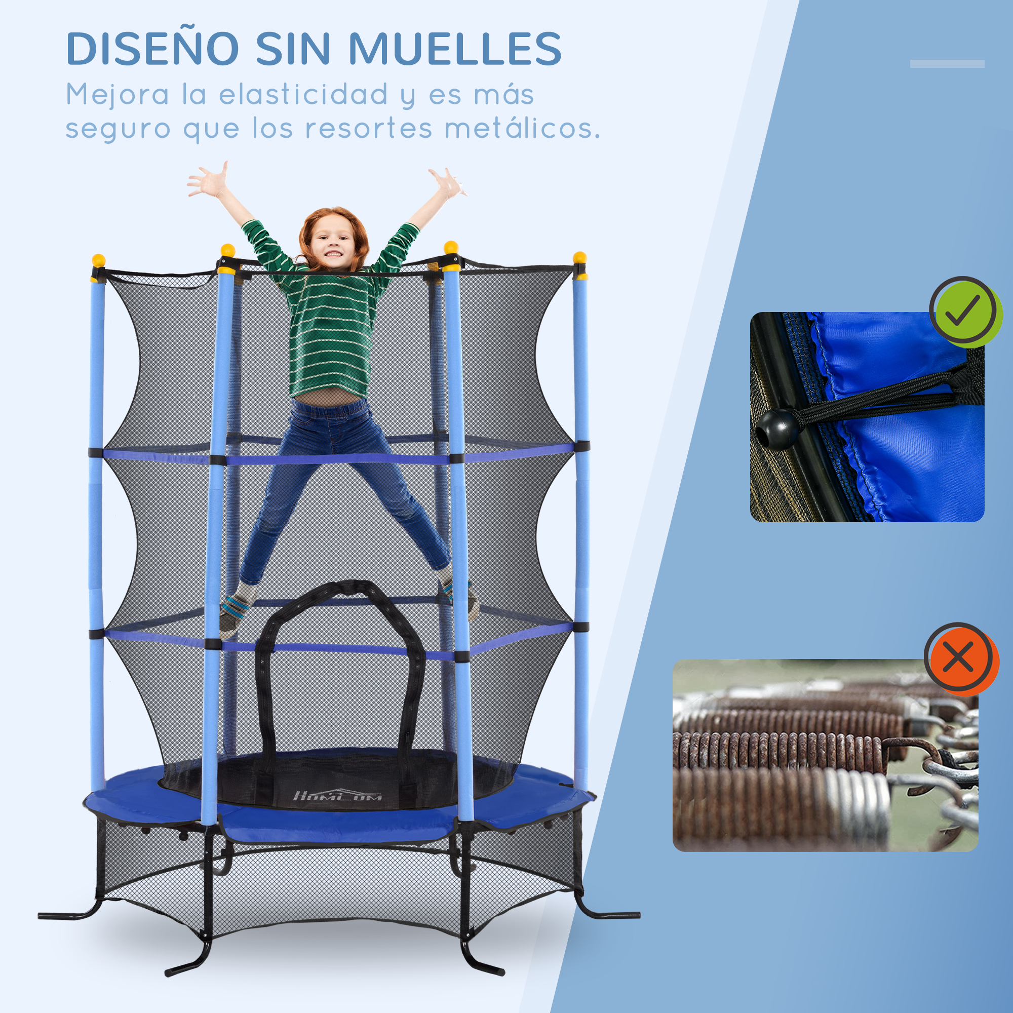 Un niño saltando en una cama elástica azul. La cama elástica tiene una red negra y postes azules. No hay resortes.