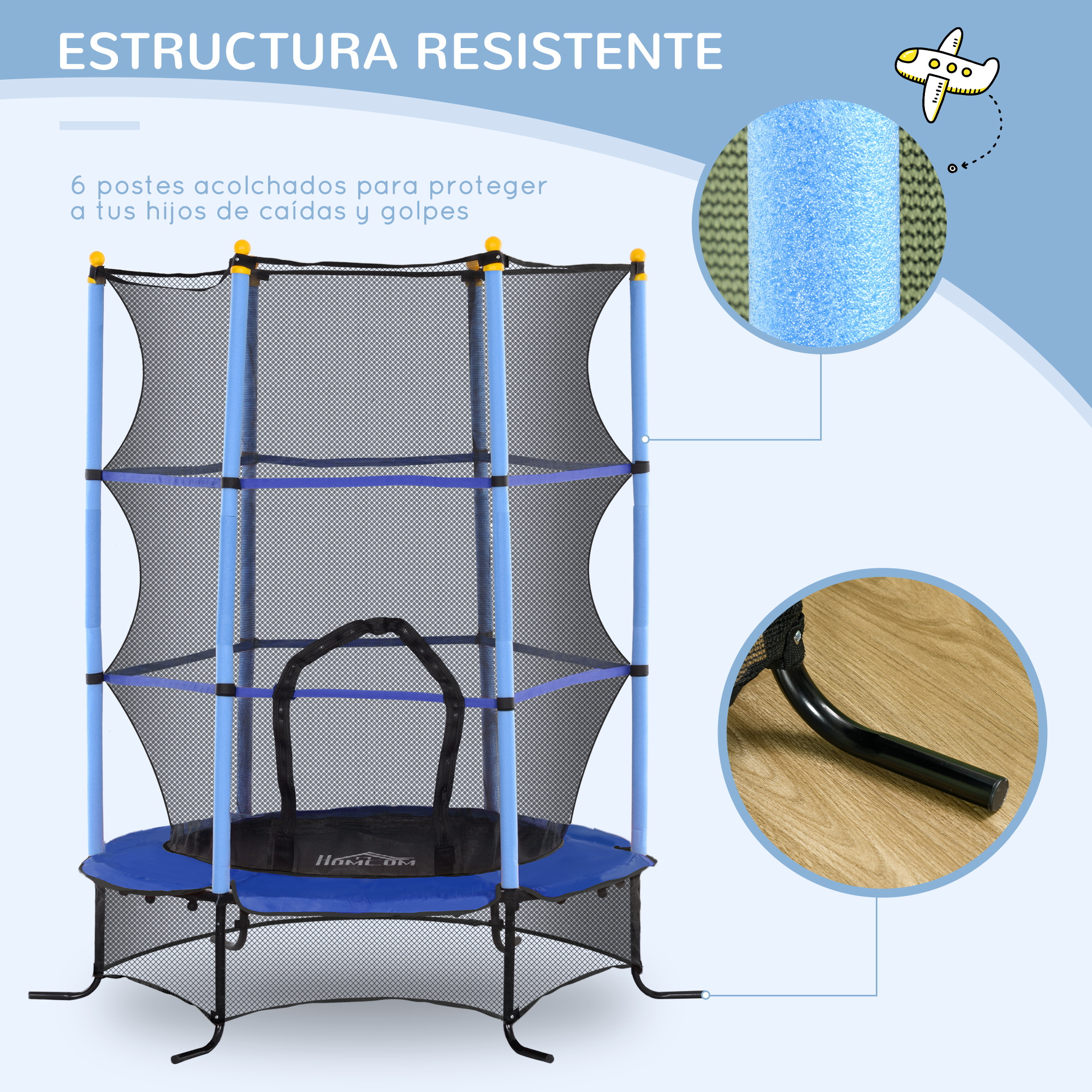 Trampolín azul y negro con red de seguridad y postes azules. Primer plano muestra postes acolchados.