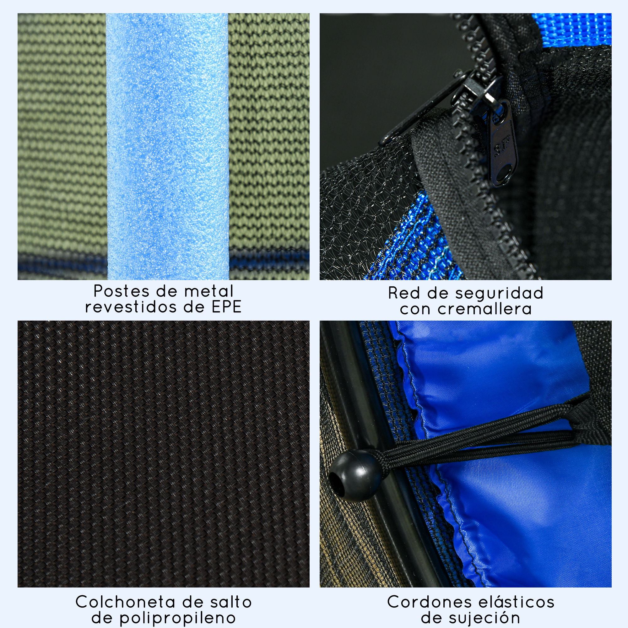 Primer plano de partes de trampolín: espuma azul, cremallera, alfombra negra y cuerdas elásticas. Red verde y marco metálico.