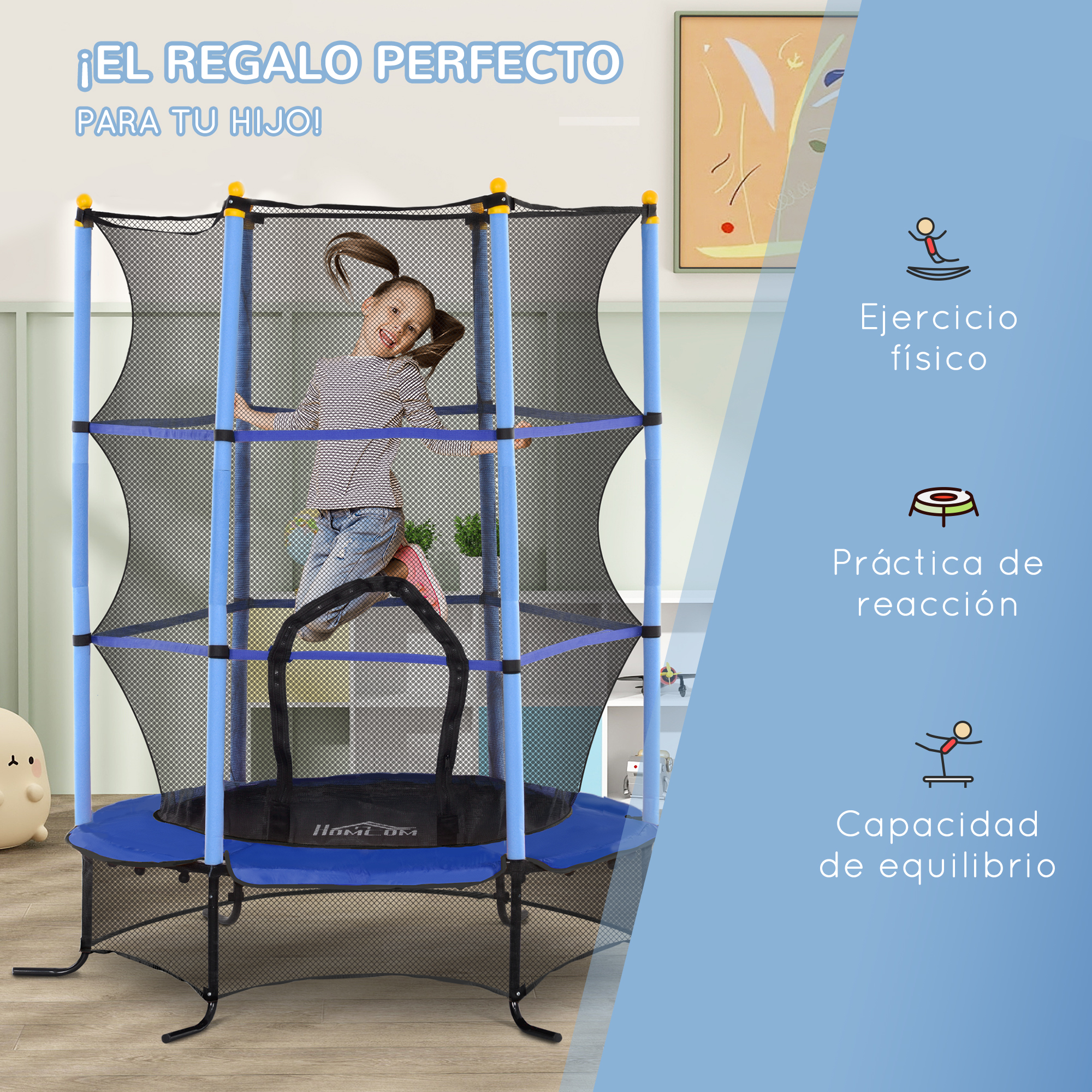Una niña saltando en una cama elástica. La cama elástica es azul y tiene una red negra.