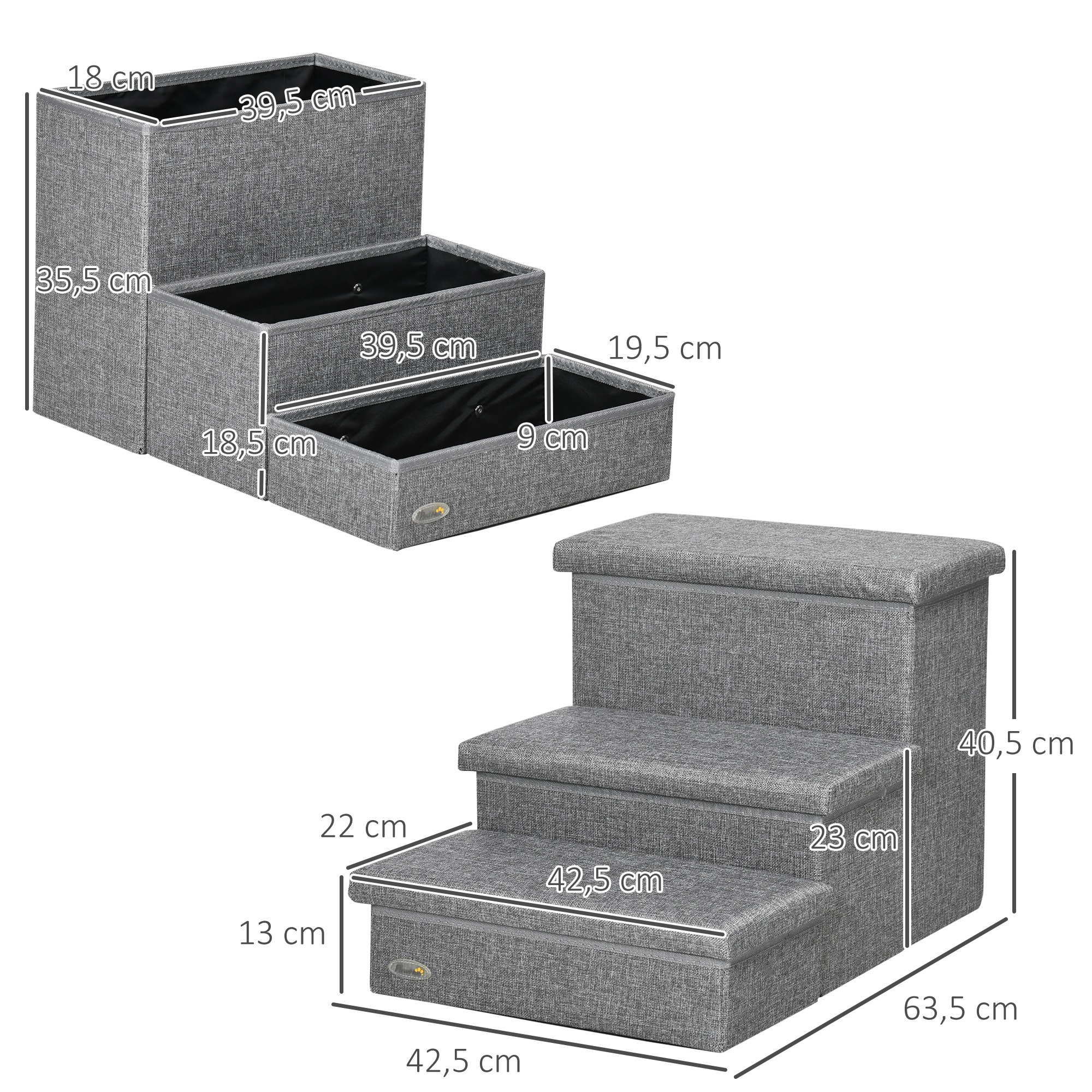 Escaleras grises para mascotas con dimensiones. Cuenta con tres escalones y dos unidades de almacenamiento.