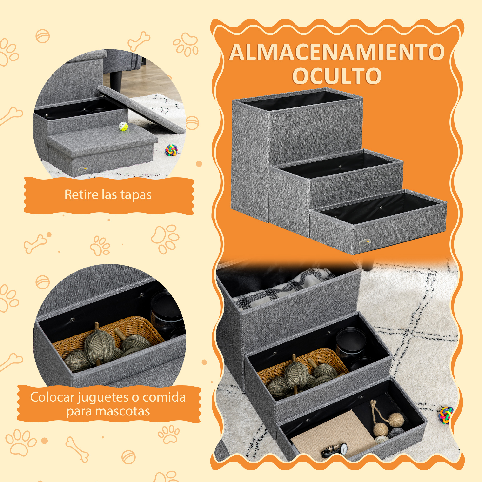 Almacenamiento de escalones para mascotas. Escalones grises con almacenamiento oculto. Muestra tapas extraíbles y almacenamiento de juguetes y comida.