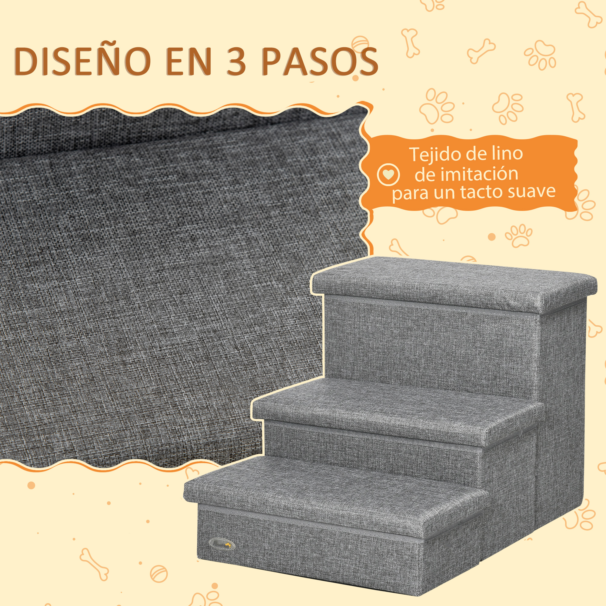 Escaleras grises para mascotas con tres niveles. Tejido tipo lino. El texto describe la tela.