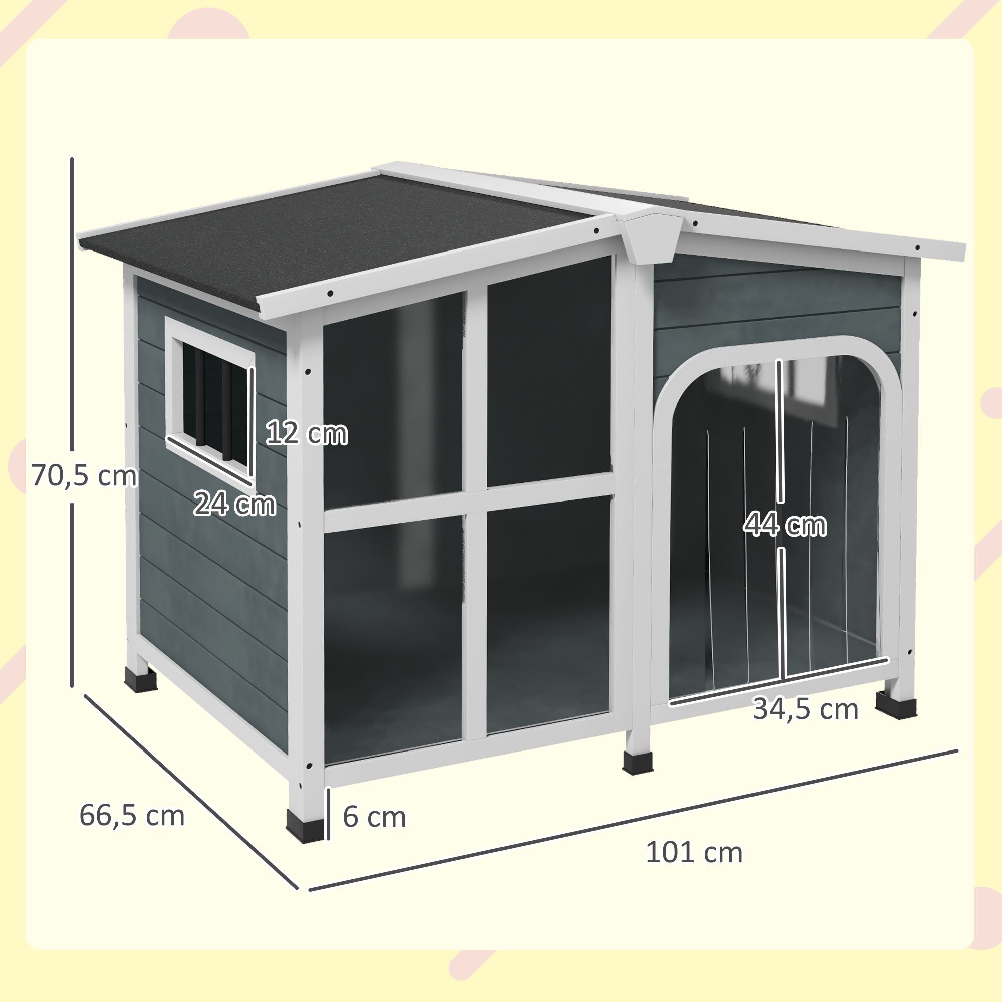 Casa para perros azul-gris con dimensiones. Ribete blanco y techo negro. Texto en él.
