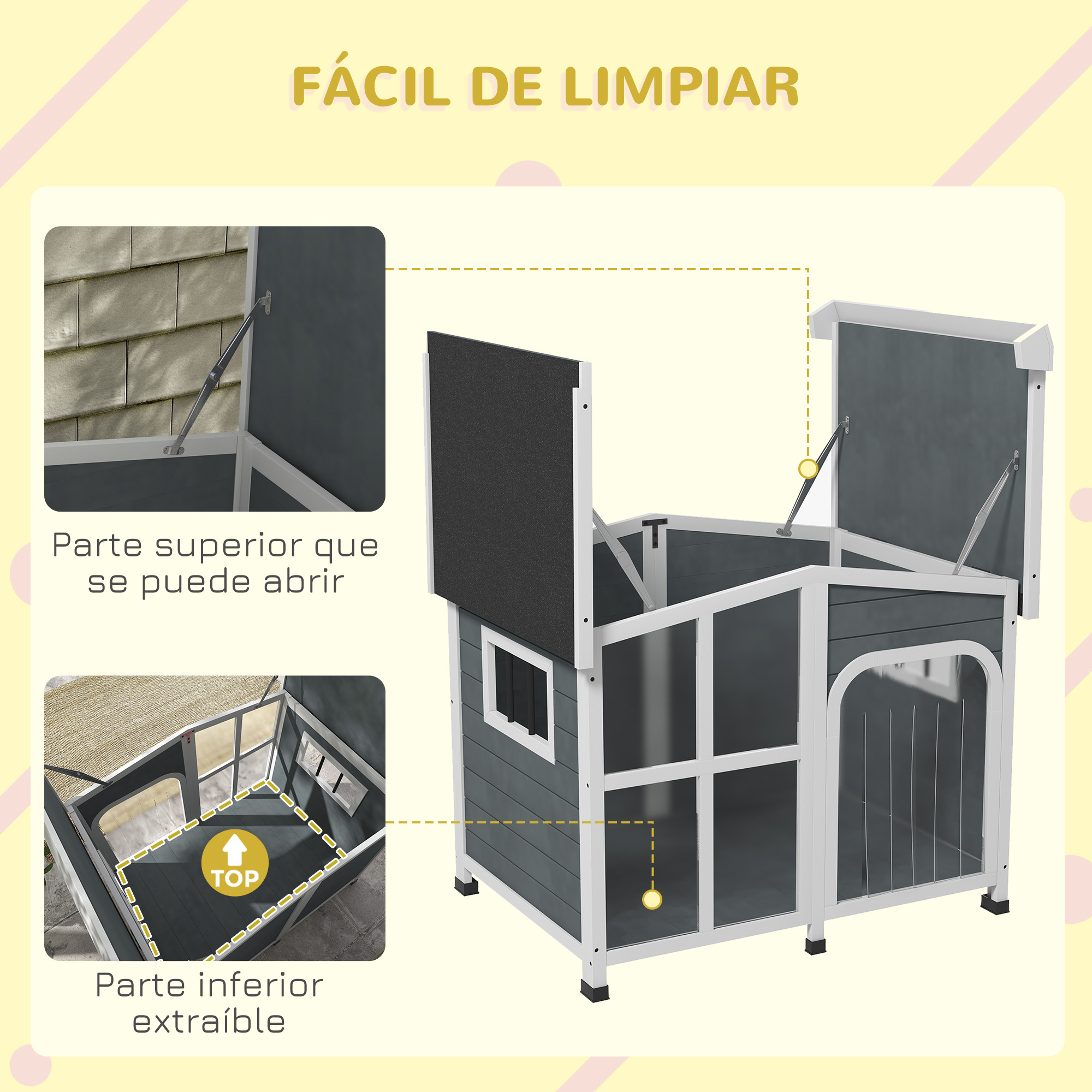 Una caseta para perros abierta con fondo extraíble y parte superior abierta.