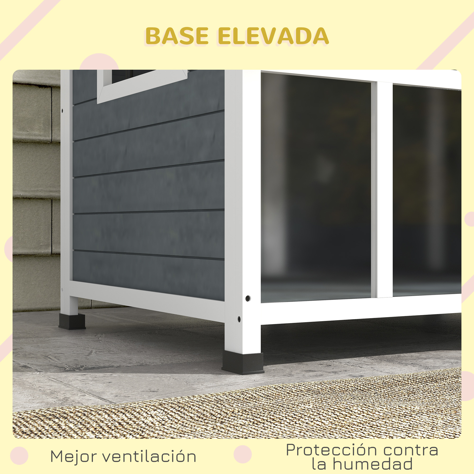 Primer plano de la base de una caseta para perros gris y blanca que muestra ventilación mejorada y protección contra la humedad.