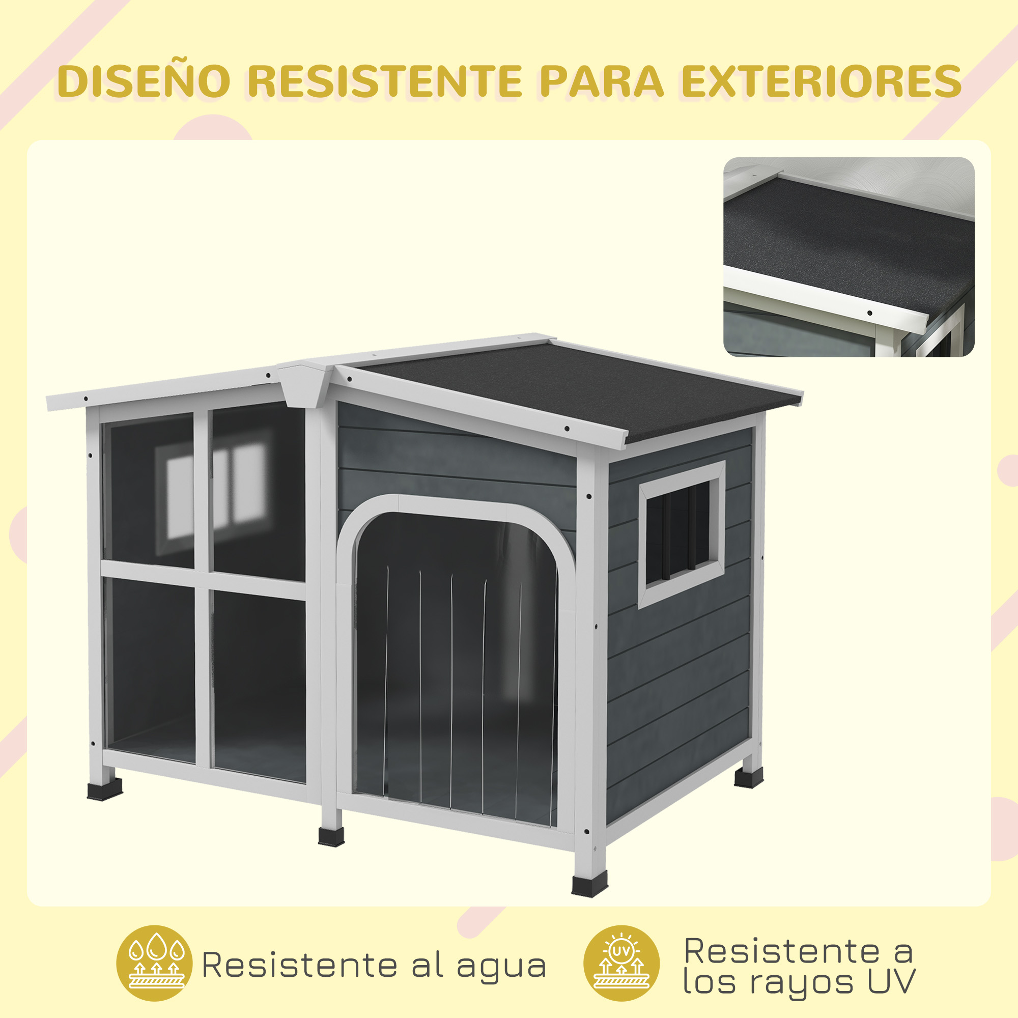 Una caseta gris para perros con techo negro, con iconos de resistencia al agua y UV.