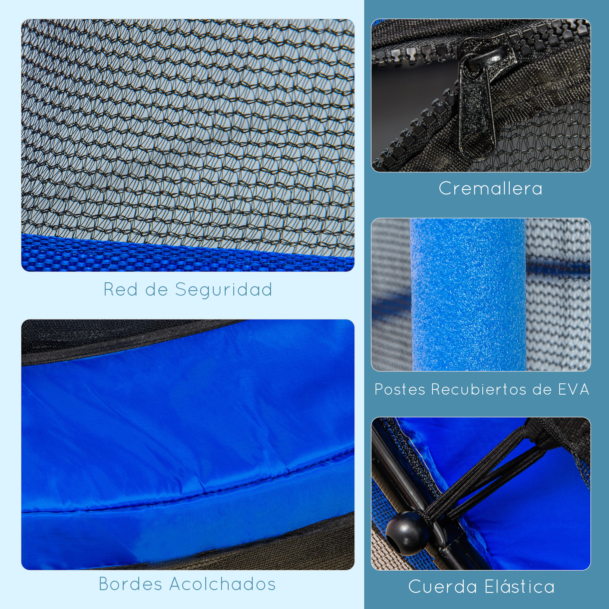 Primeros planos de un trampolín, mostrando la red, la cremallera, el acolchado y los detalles del cordón elástico.