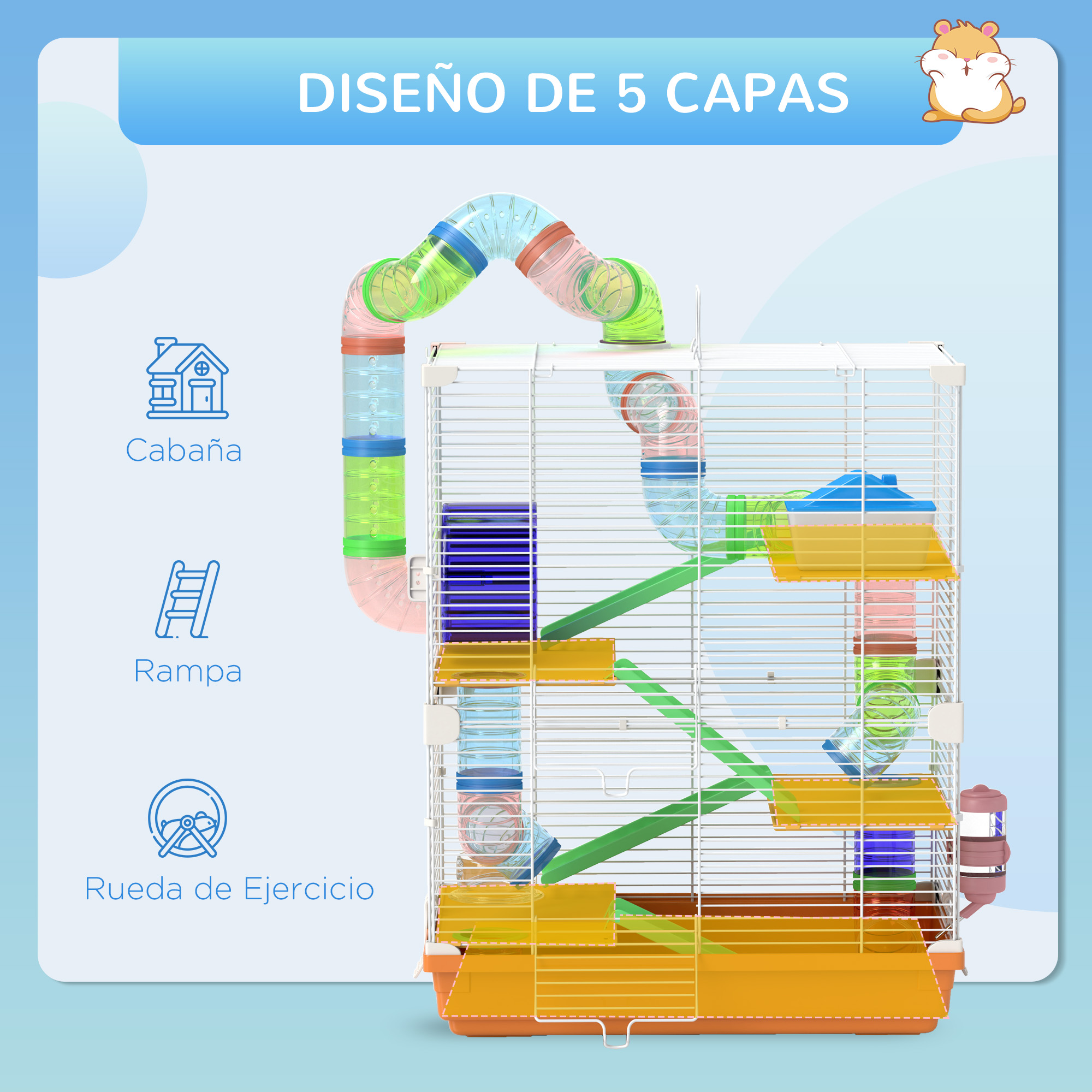 Jaula para hámster con múltiples niveles, túneles y accesorios. Incluye casa, rampa y rueda de ejercicio.
