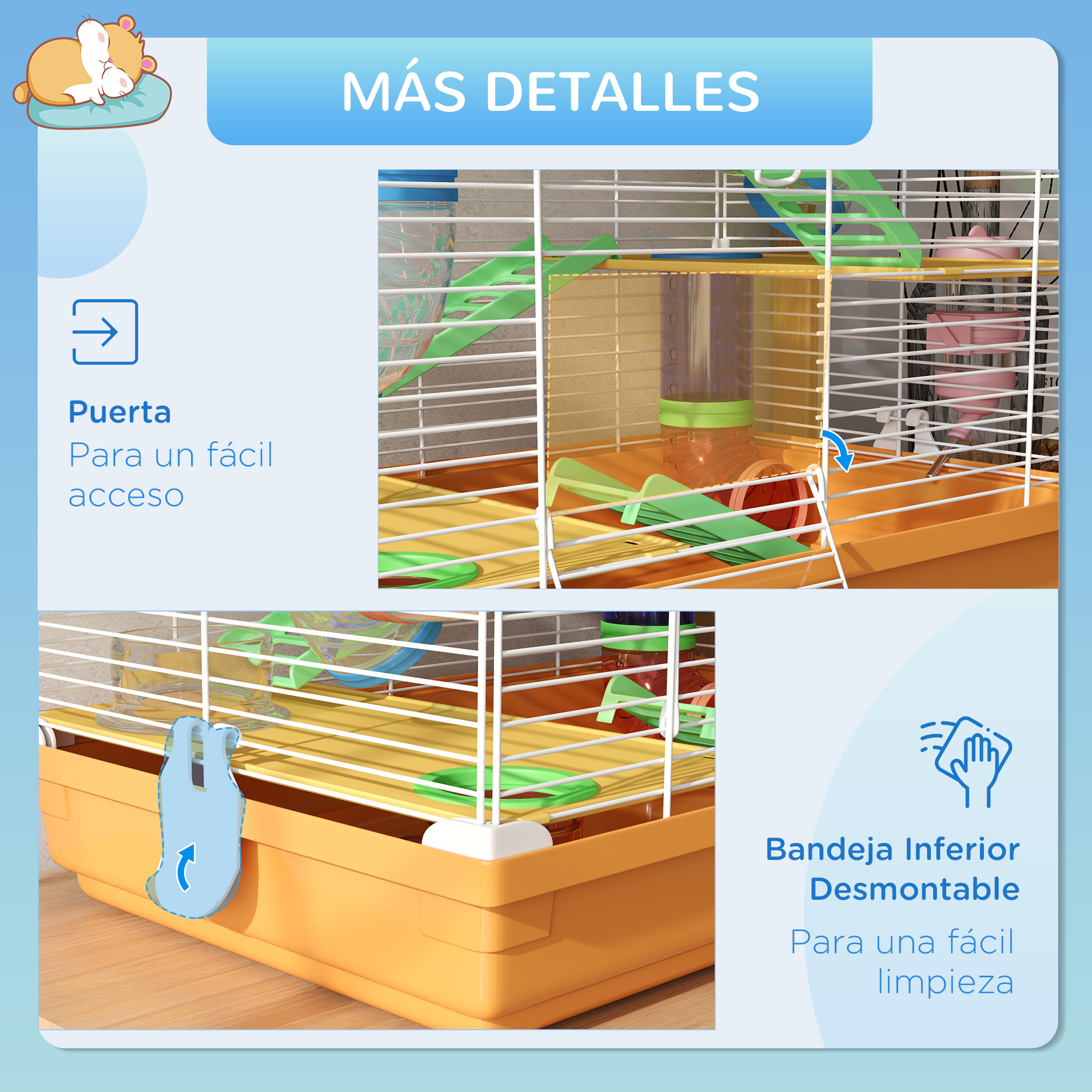 Jaula para hámster con múltiples niveles, botella de agua y bandeja inferior extraíble.