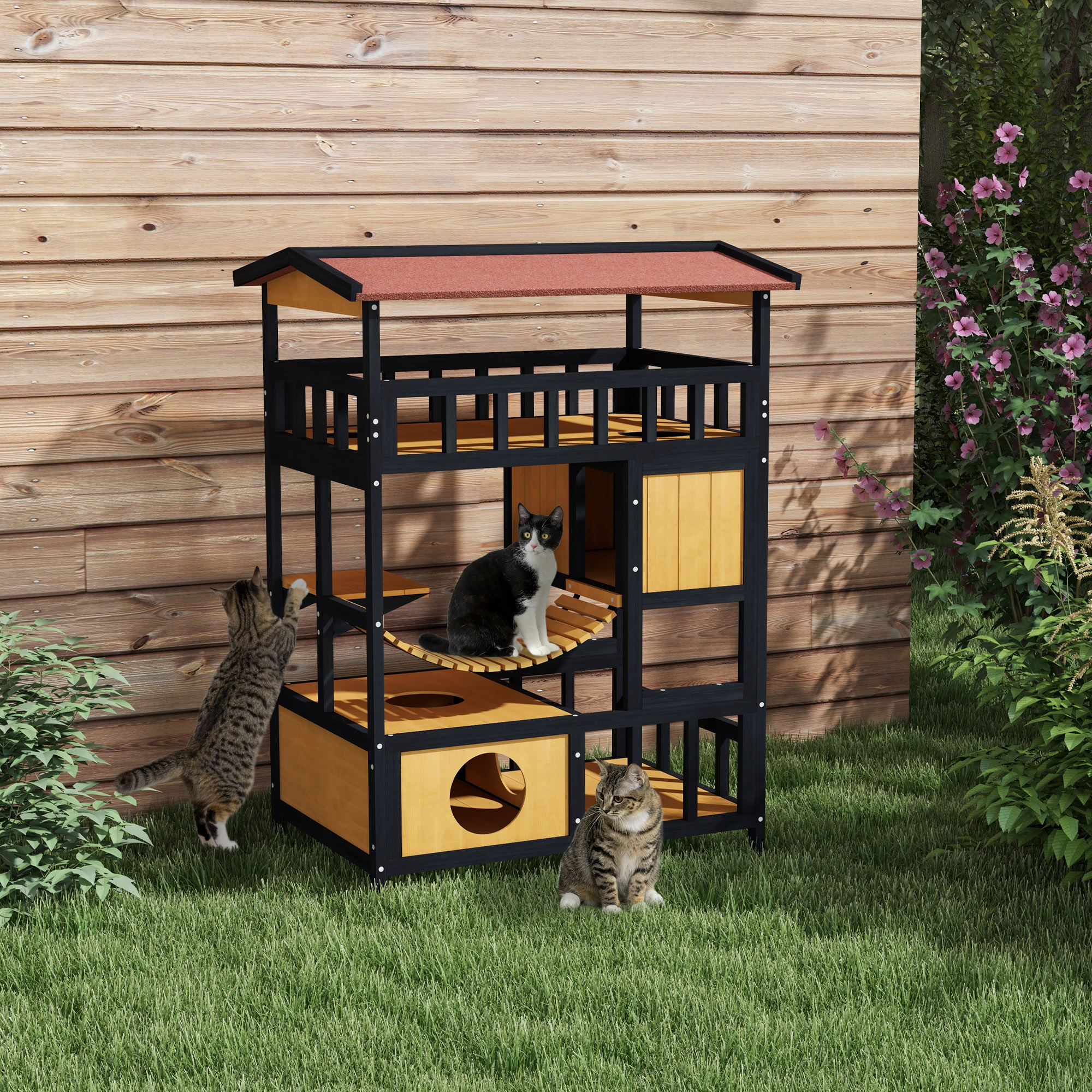 Casa de árbol para gatos de madera con gatos. Colores marrón, negro y beige. Gatos jugando y descansando.
