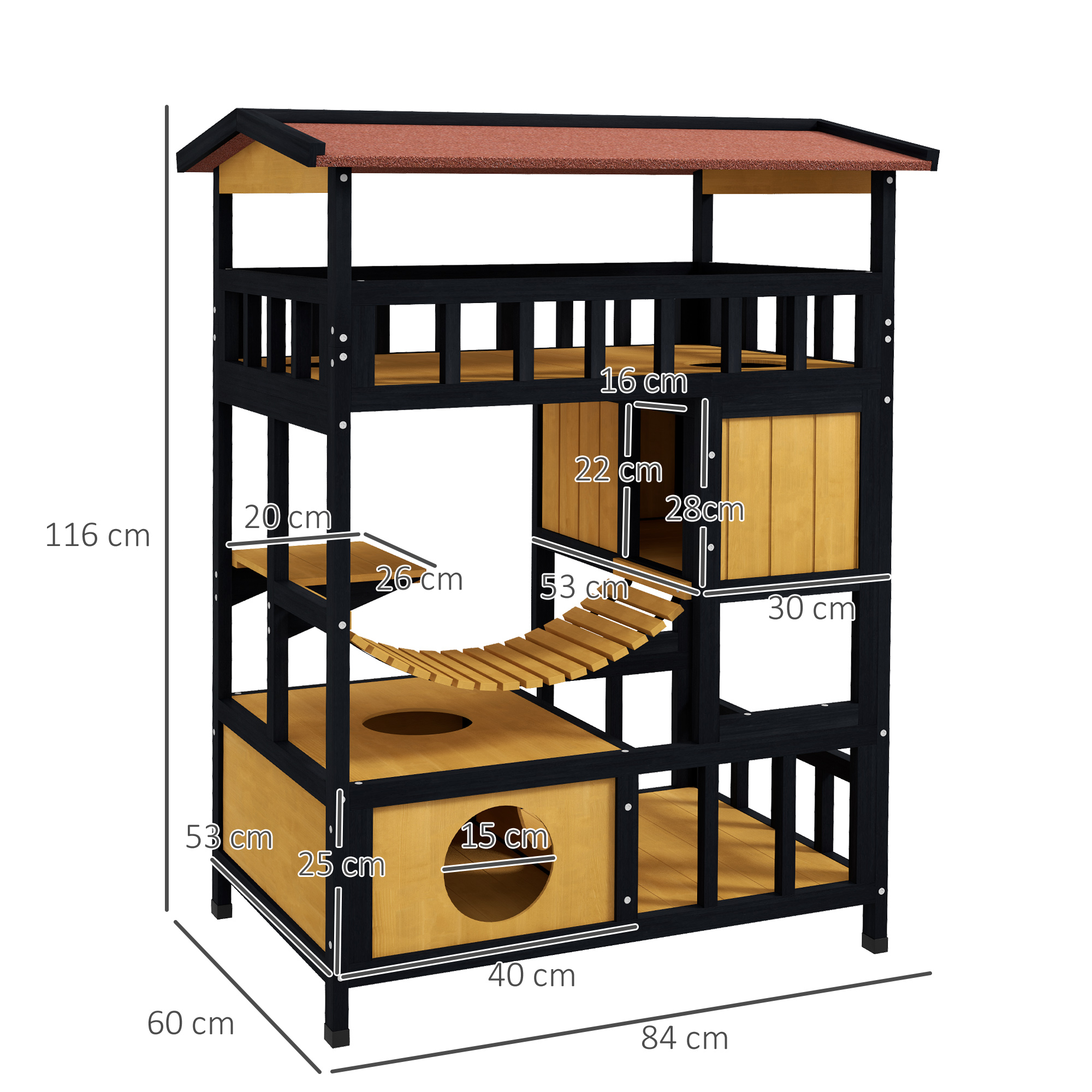 Árbol para gatos de madera con múltiples niveles, cajas, puente y dimensiones.