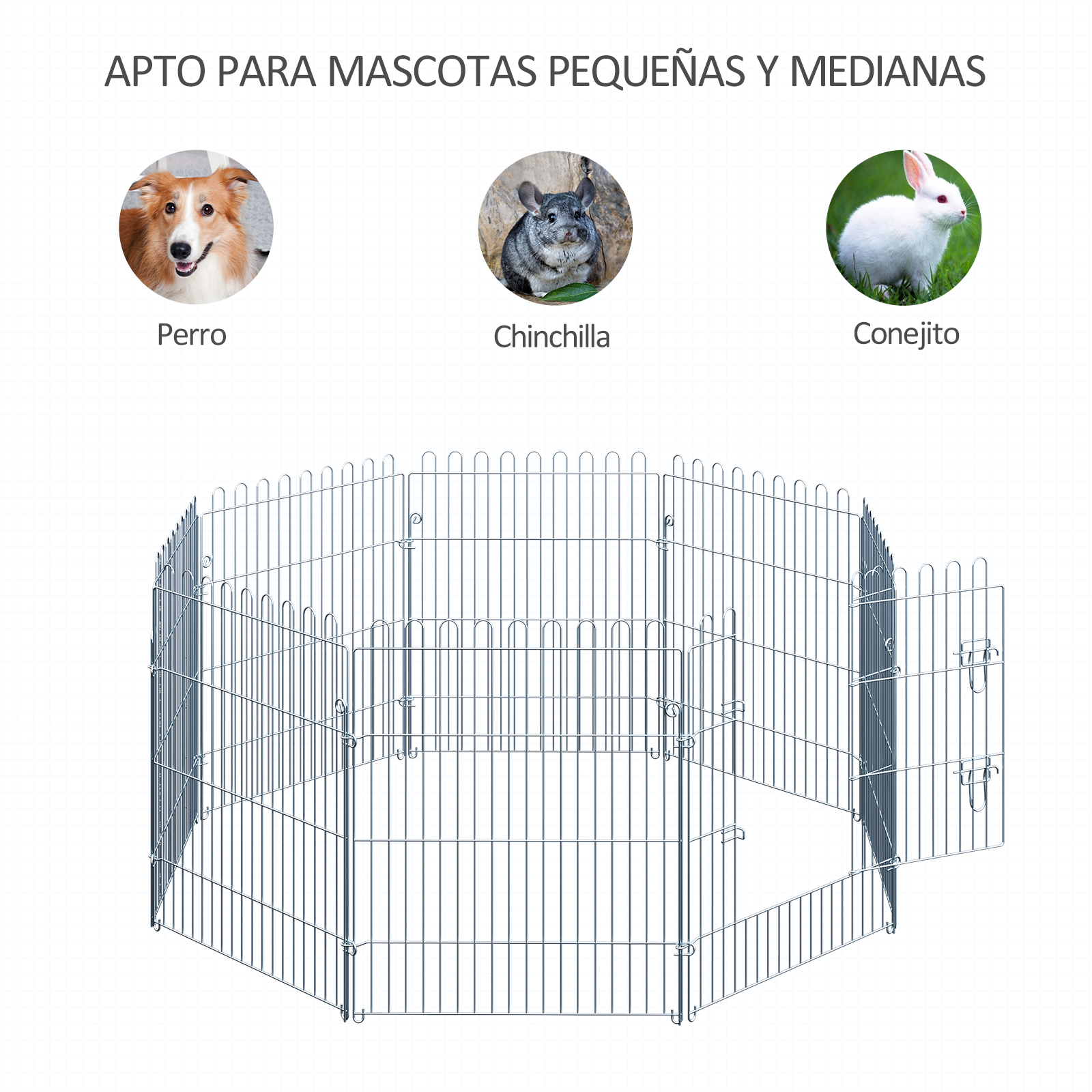 Un parque metálico para mascotas con puerta. Se muestran iconos de perro, chinchilla y conejo.