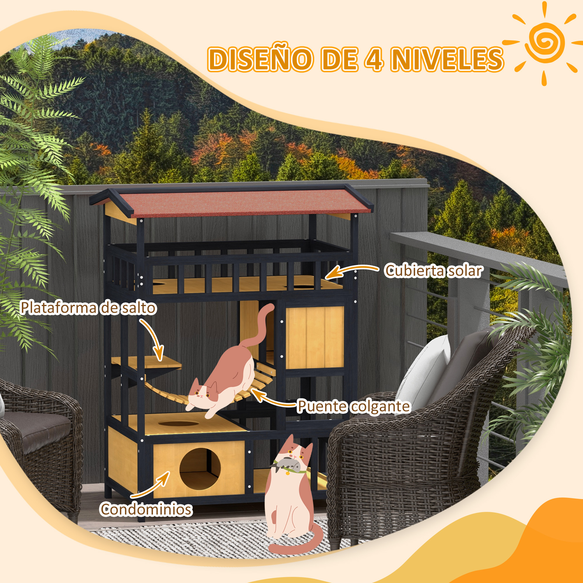 Una casa para gatos con múltiples niveles, un puente colgante y dos gatos.