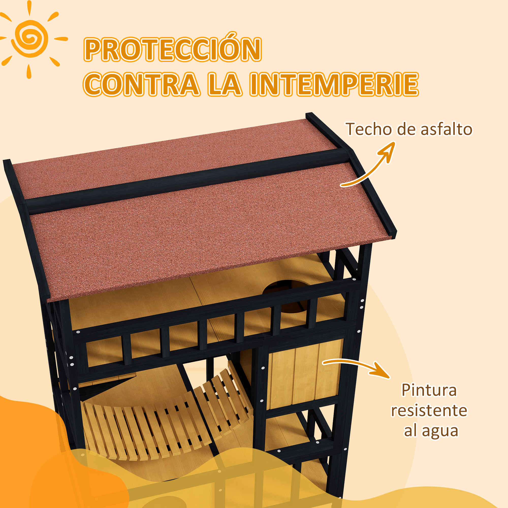 Casa de mascotas de madera con techo de asfalto, pintura resistente al agua y un icono de sol con texto.