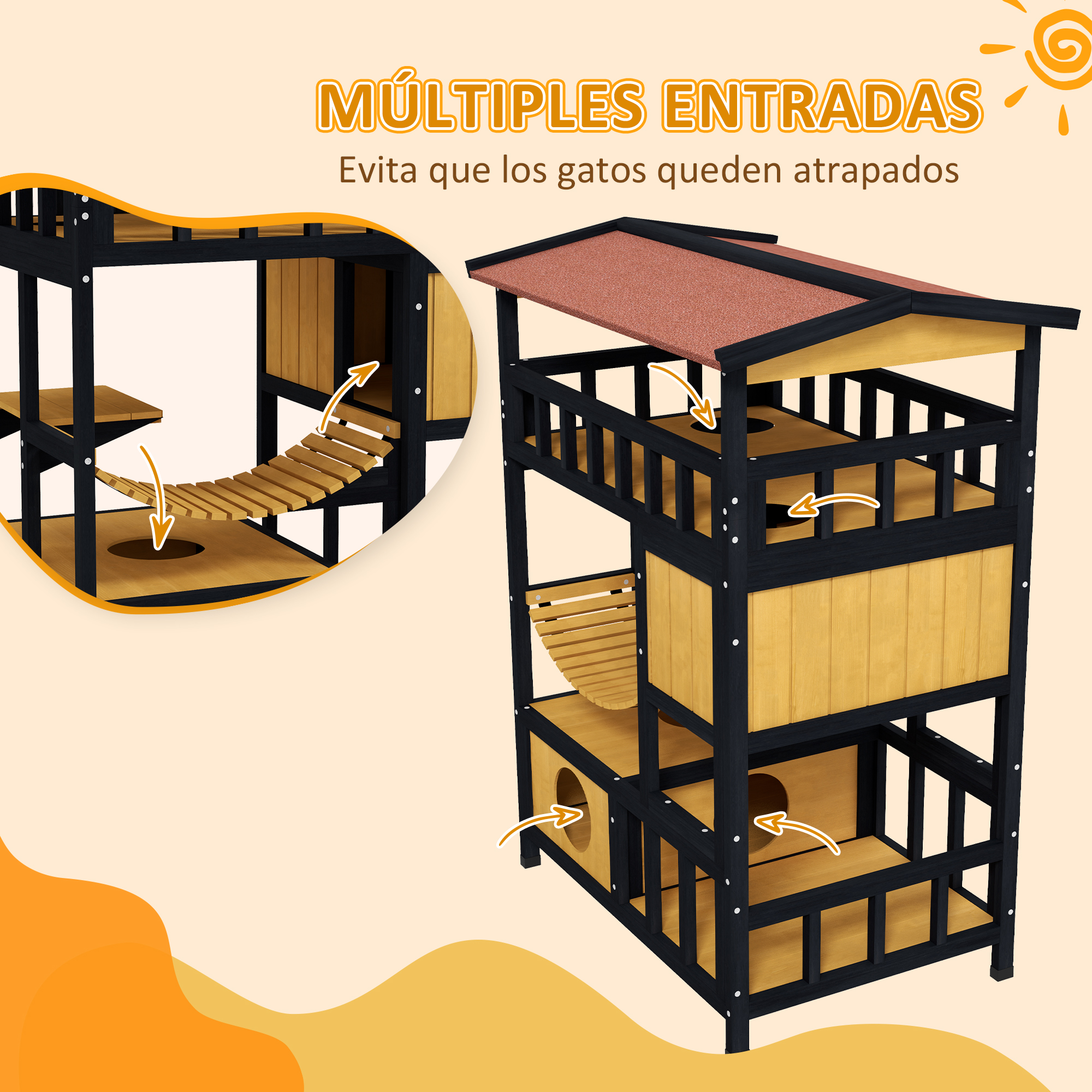 Un árbol para gatos multinivel con múltiples entradas, una hamaca, una escalera y múltiples plataformas.