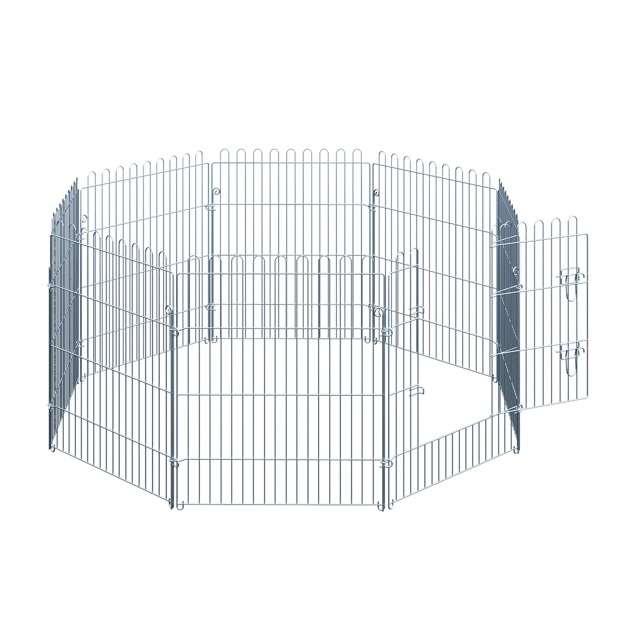 Un parque para perros de acero galvanizado, forma octogonal, con una puerta abierta.