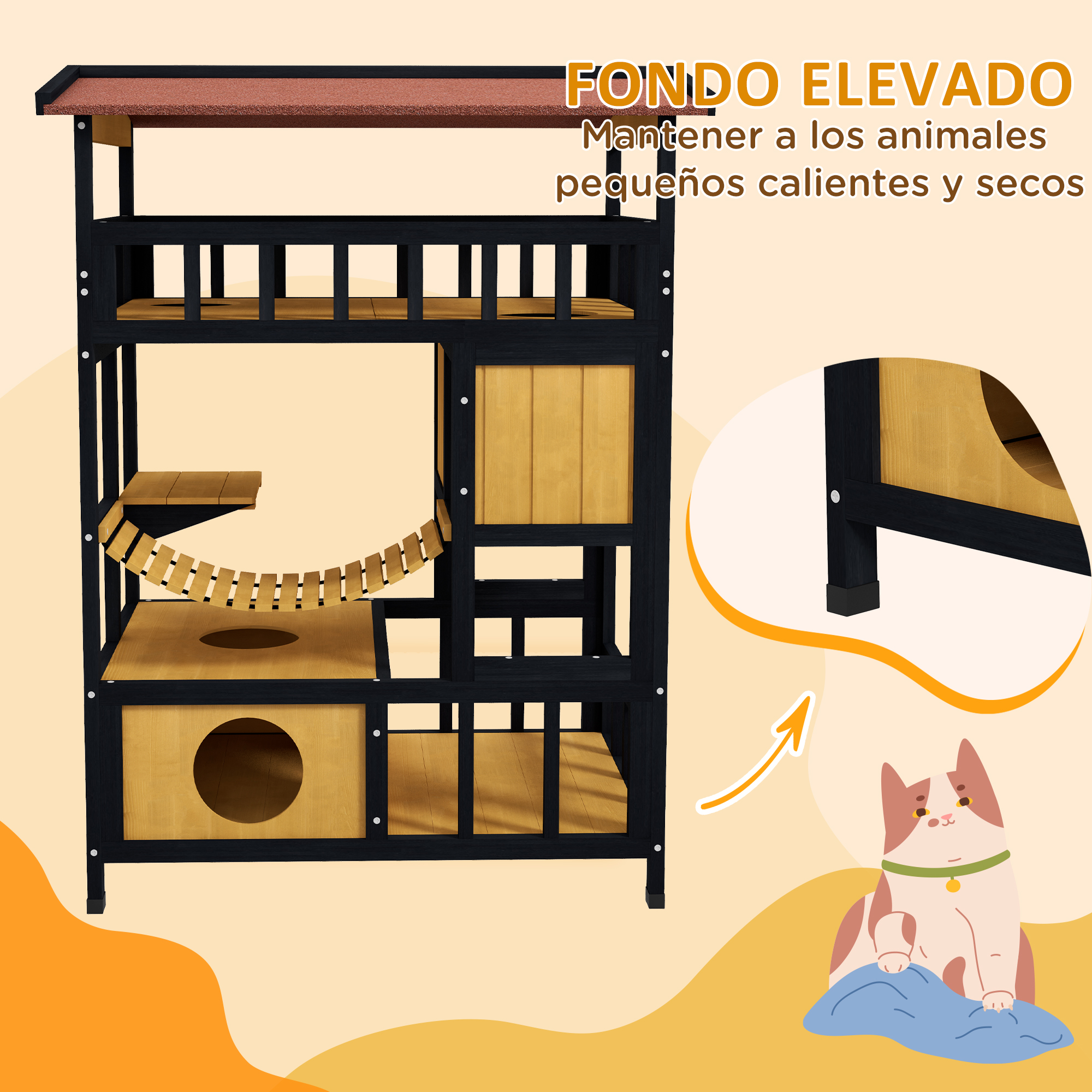 Casa para gatos de varios niveles con un gato en el fondo. Texto: fondo elevado. Fondo: pared amarilla.
