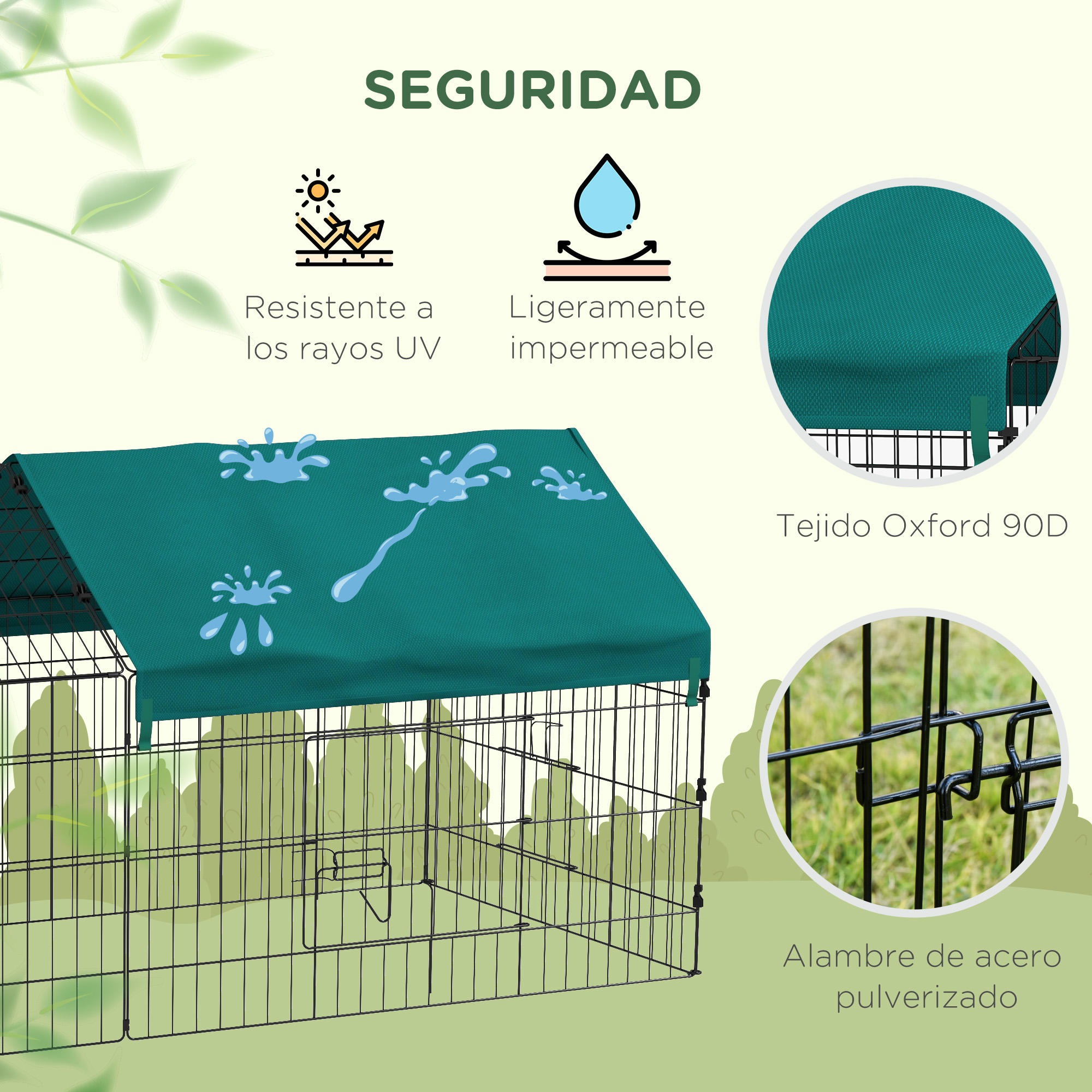 Un cerco para mascotas negro y de malla de alambre. Tiene una parte superior verde impermeable.