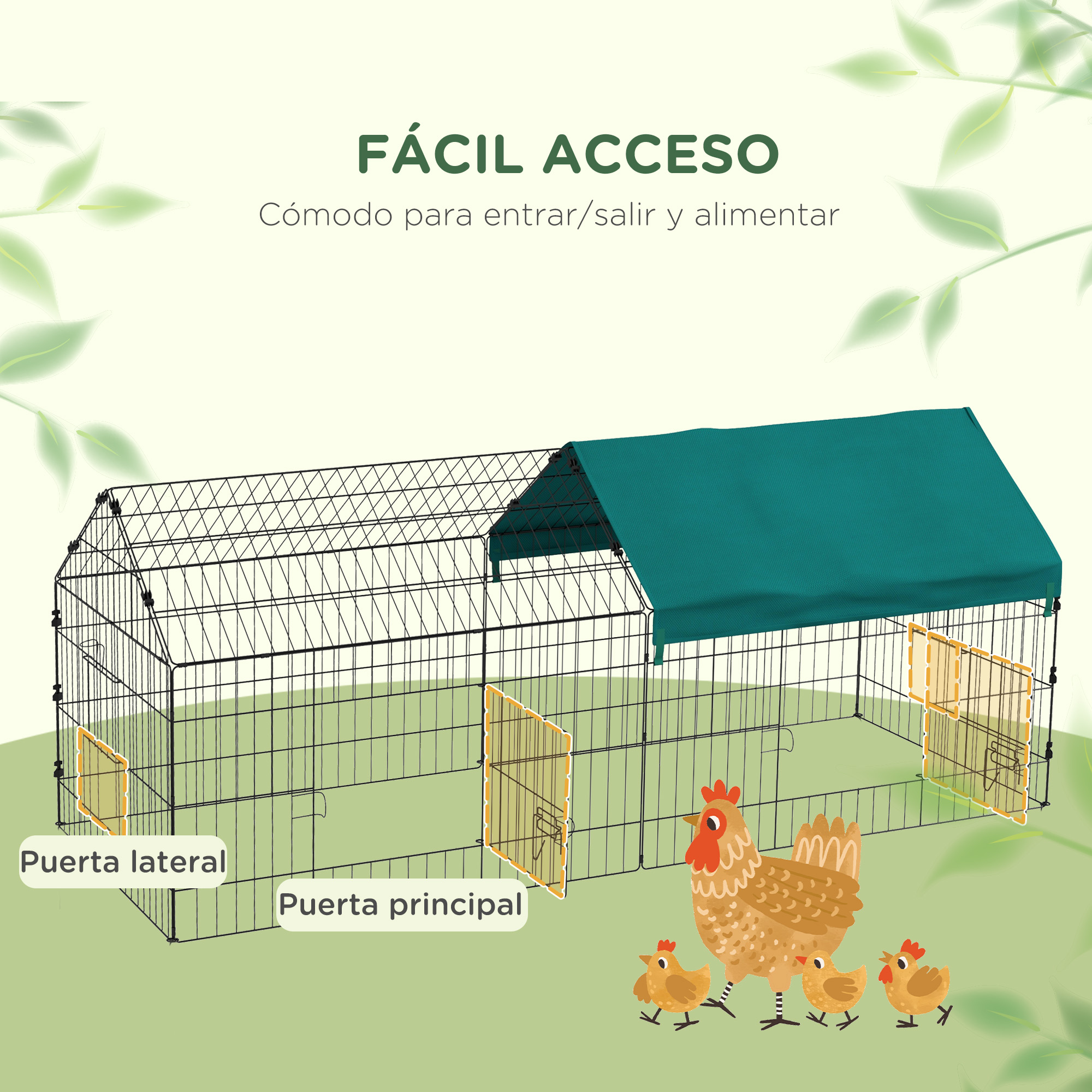 Gallinero con techo verde, puertas principales y laterales. Una gallina con pollitos en el suelo.