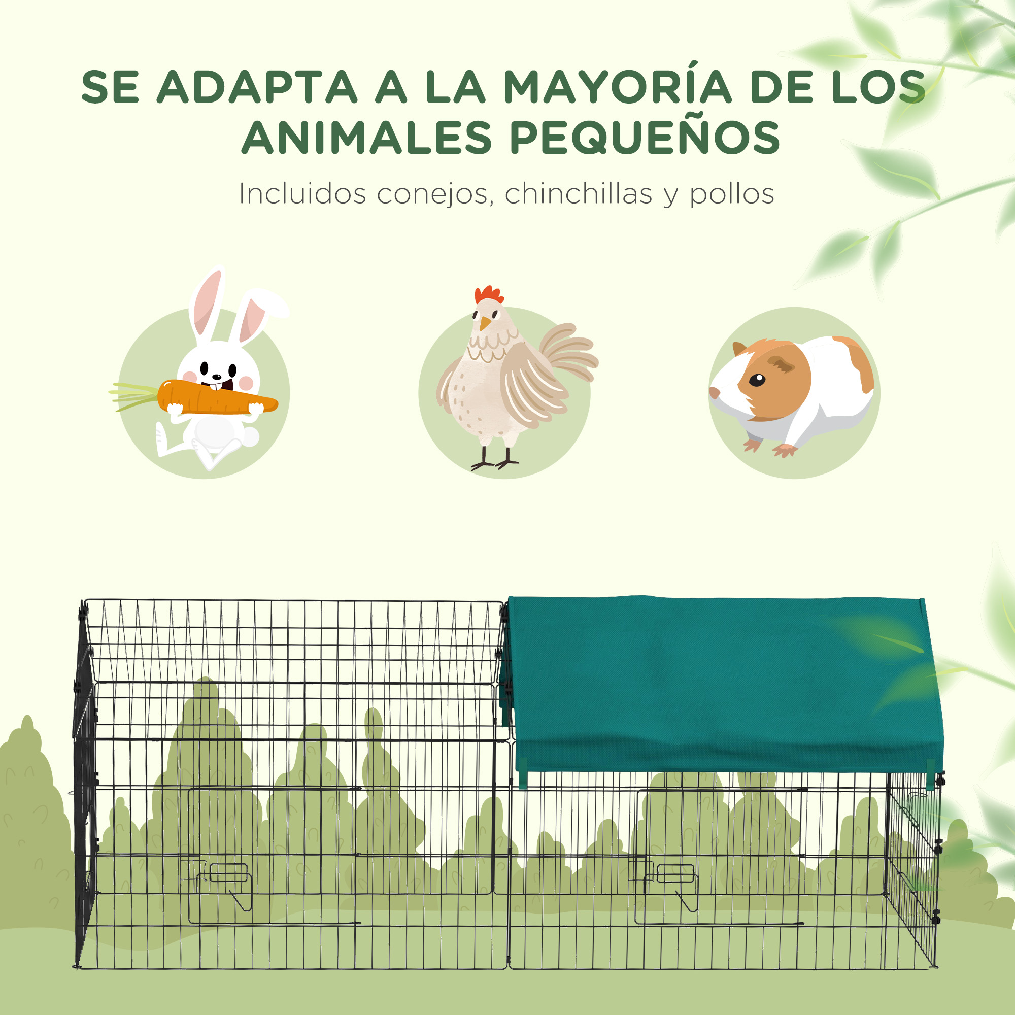 Un recinto para mascotas con techo verde. Se muestran un conejo, una gallina y un conejillo de indias como ejemplos.