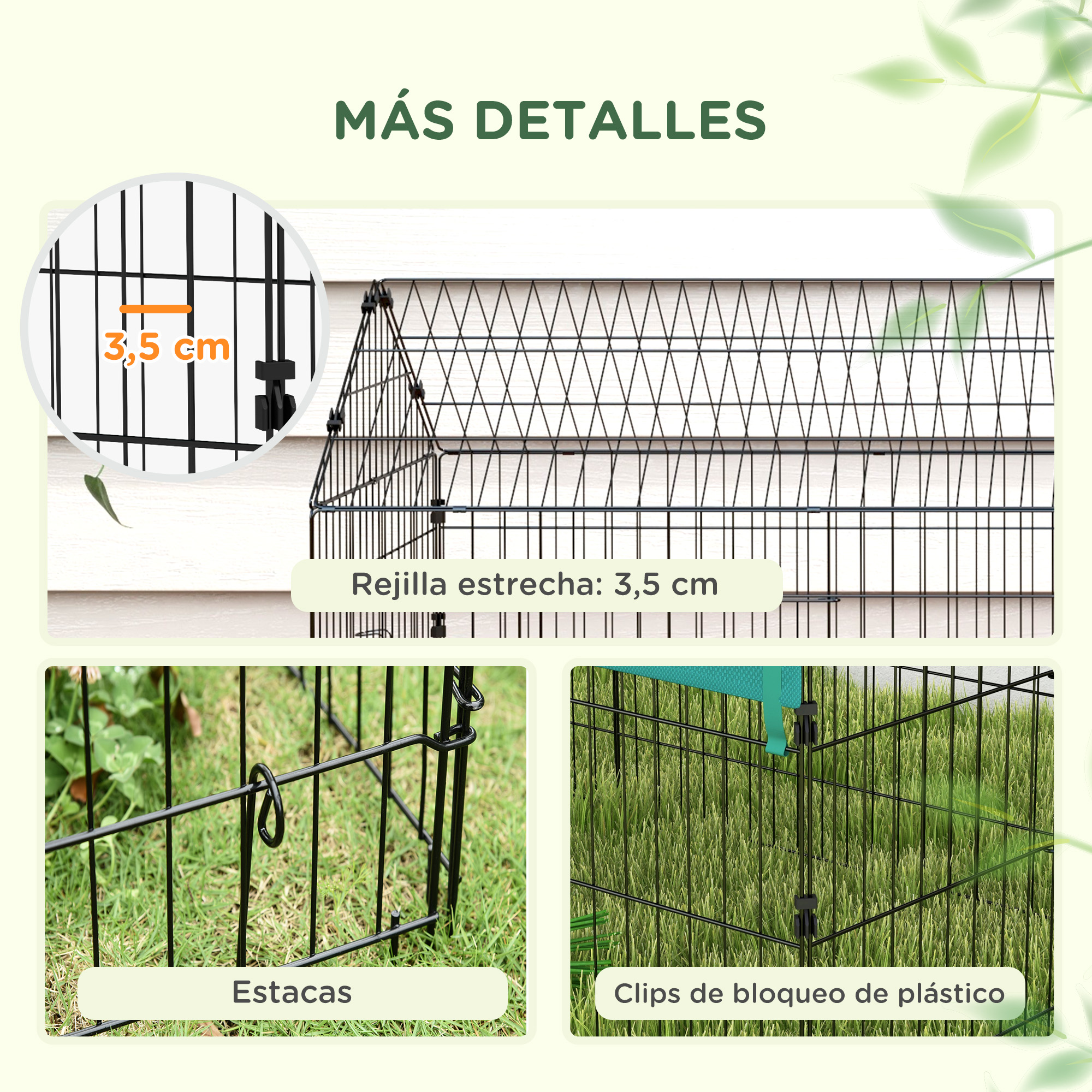 Detalles de un corral metálico: malla estrecha, estacas y clips de plástico. Hierba verde y pared blanca de fondo.