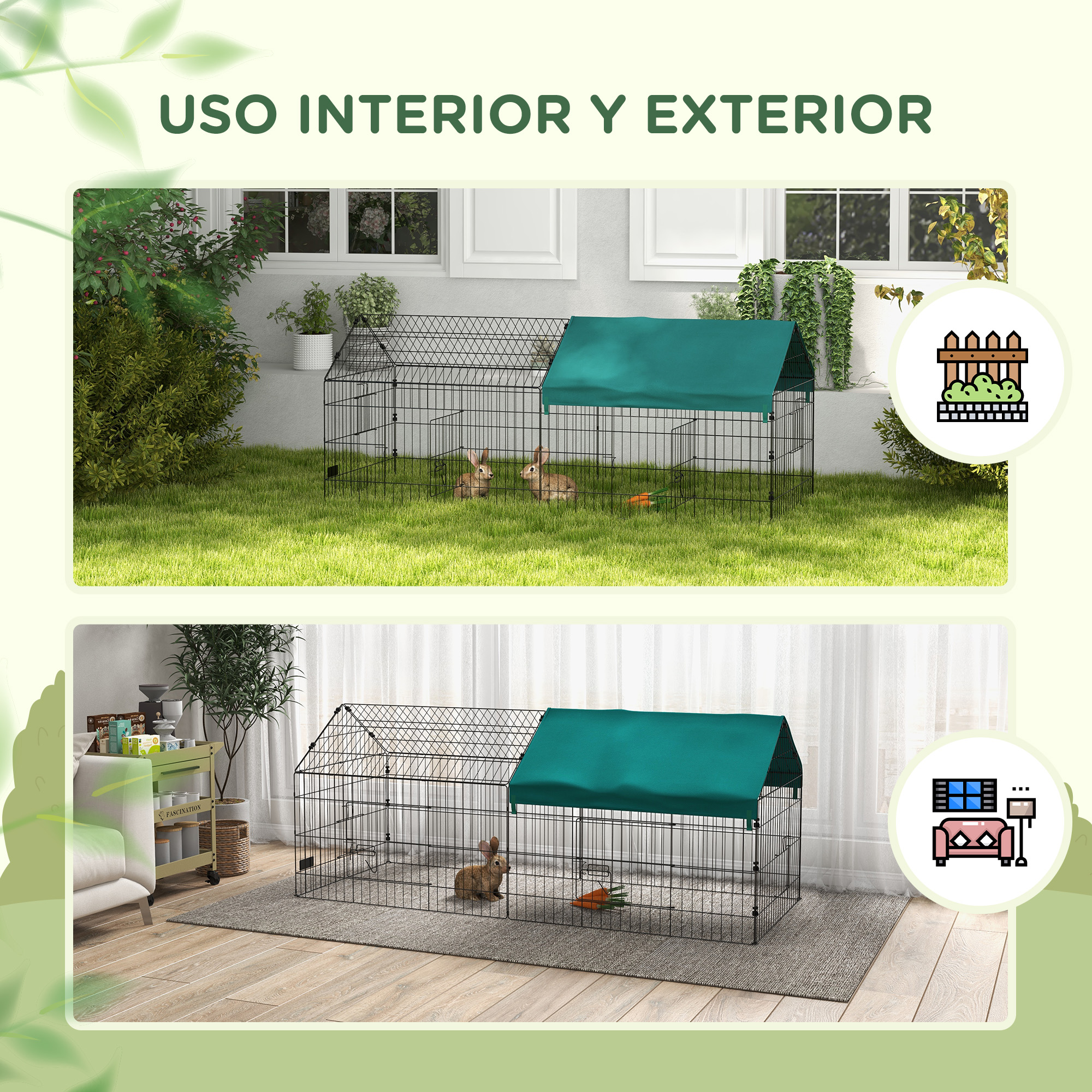 Recinto metálico negro para mascotas con techo verde, colocado tanto en interiores sobre una alfombra como en exteriores sobre césped.