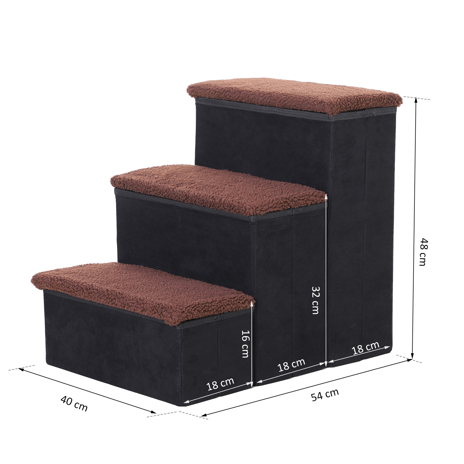 Escaleras para mascotas con tres escalones. Se muestran las dimensiones de cada escalón.