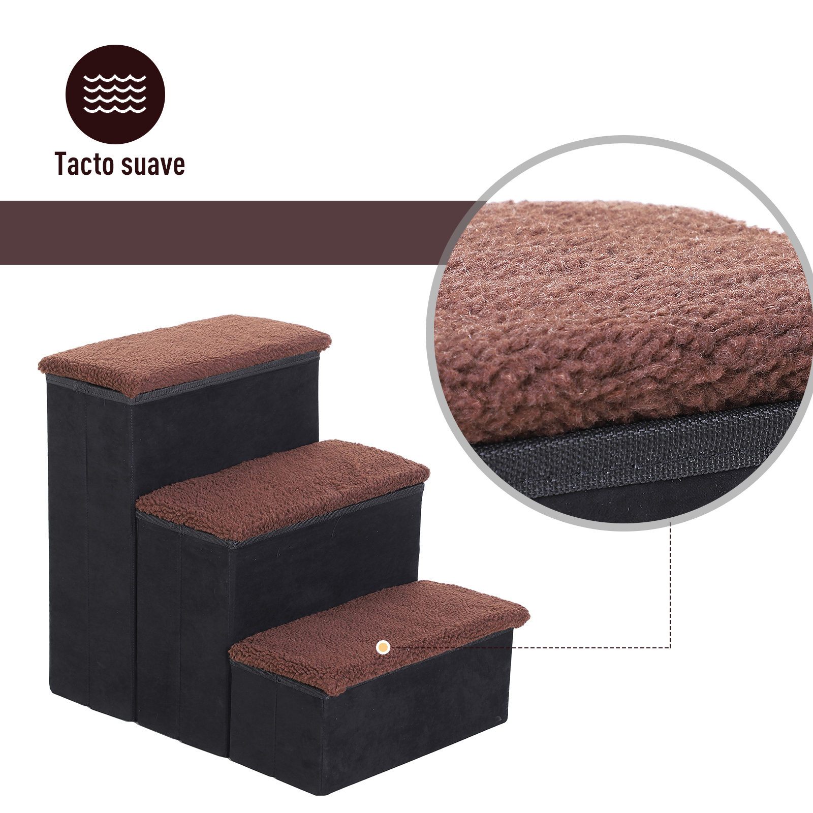 Una escalera para mascotas de tres escalones con lados negros y tapas marrones y borrosas, mostrando textura suave.