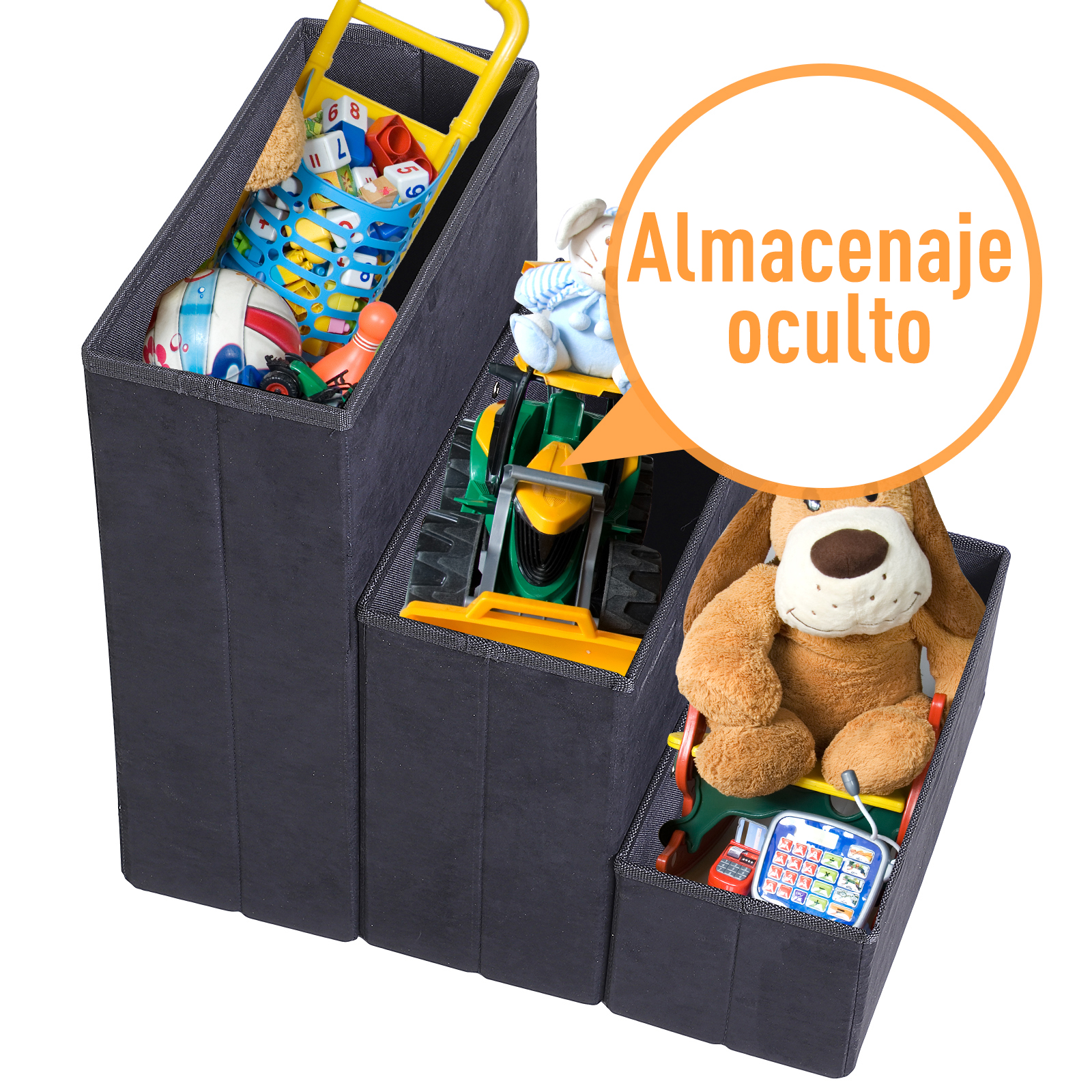 Tres cajas de almacenamiento gris oscuro dispuestas como escalones, llenas de juguetes.