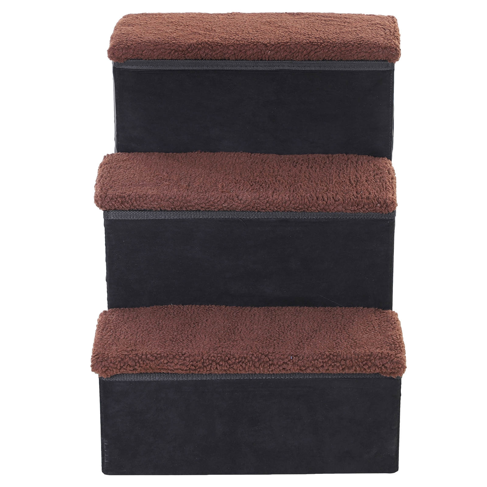 Escaleras para mascotas negras con tres escalones, cada uno con cubierta peluda marrón.