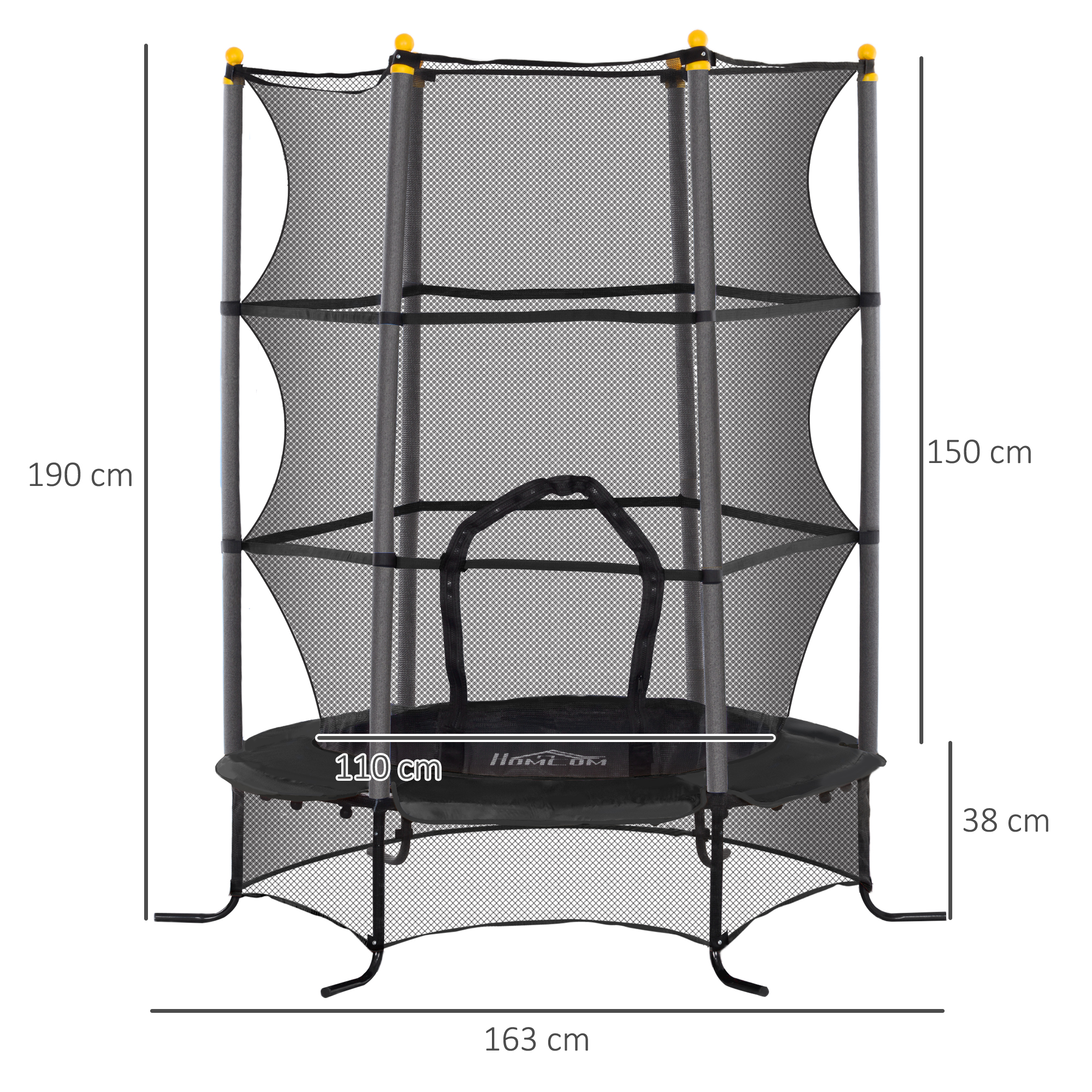 Un trampolín con dimensiones: 190 cm de altura, 163 cm de ancho, 110 cm de superficie de salto y 38 cm de altura.