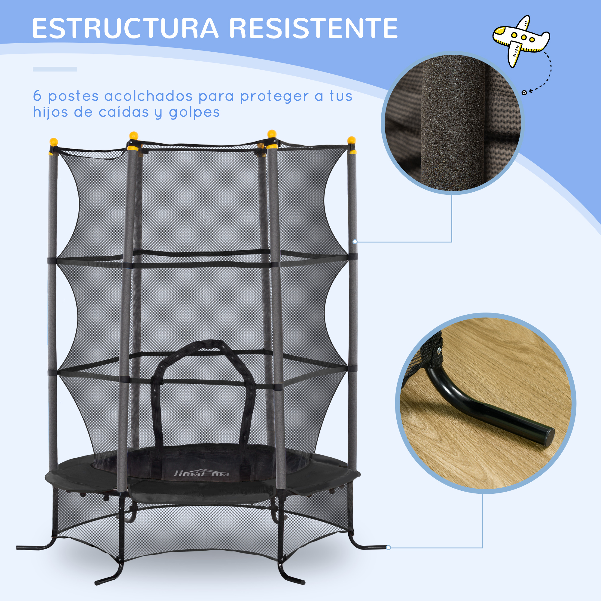 Un trampolín negro con red de seguridad, con detalles de los postes acolchados.