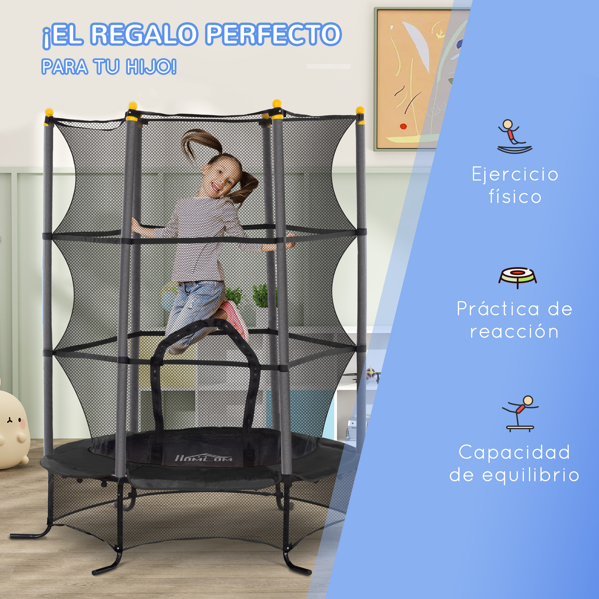 Un niño saltando en un trampolín, junto a un texto que describe los beneficios.