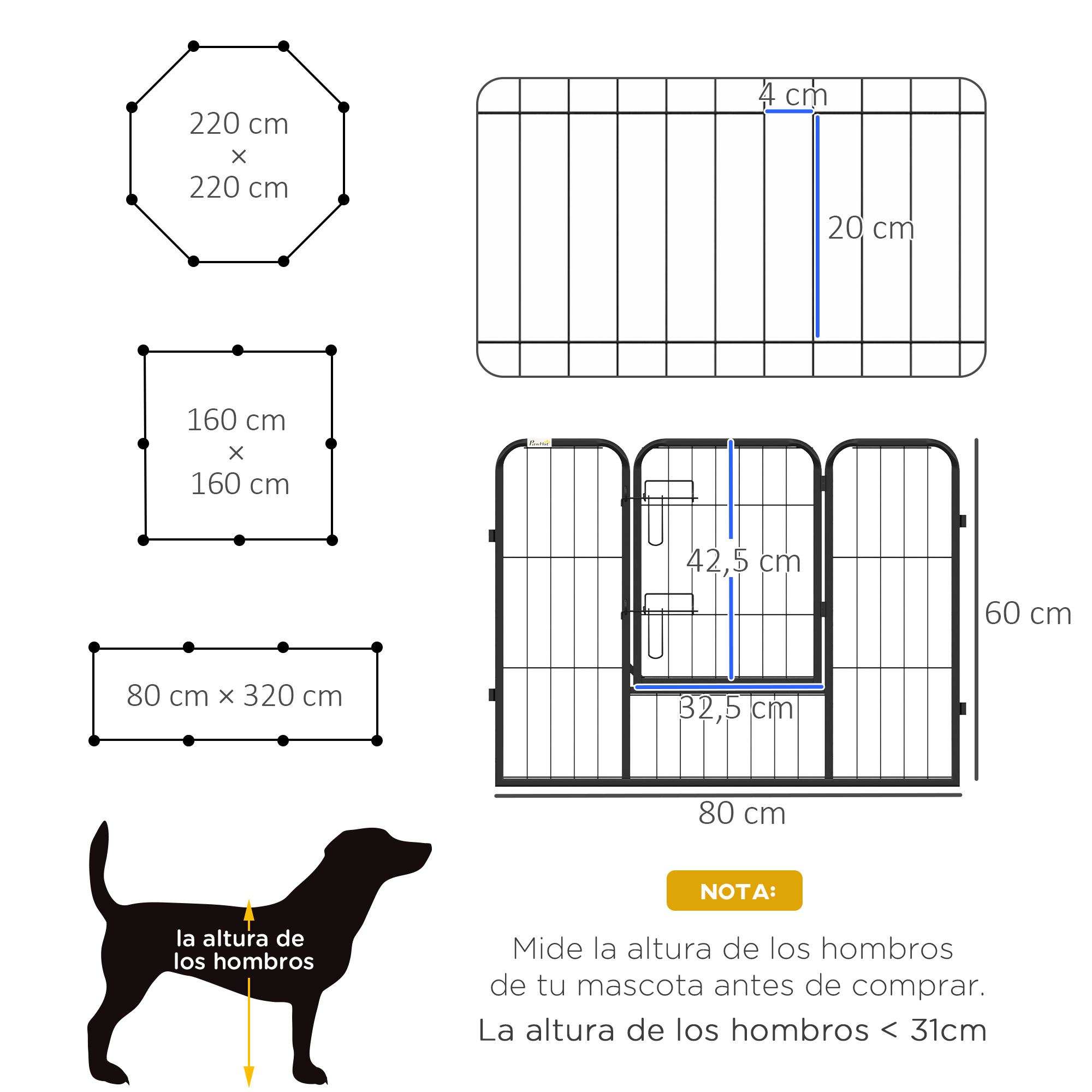 Diagramas de recintos para mascotas con dimensiones y una silueta de perro que muestra la altura del hombro.