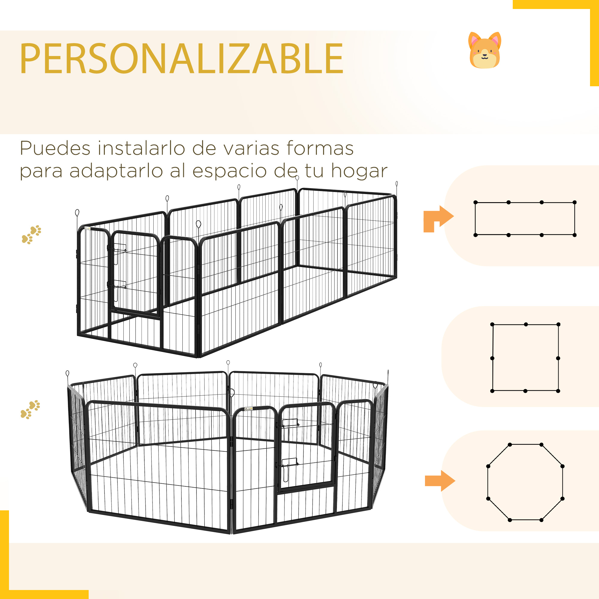 Configuraciones de corral para mascotas: formas rectangular, cuadrada y octogonal, todas negras.