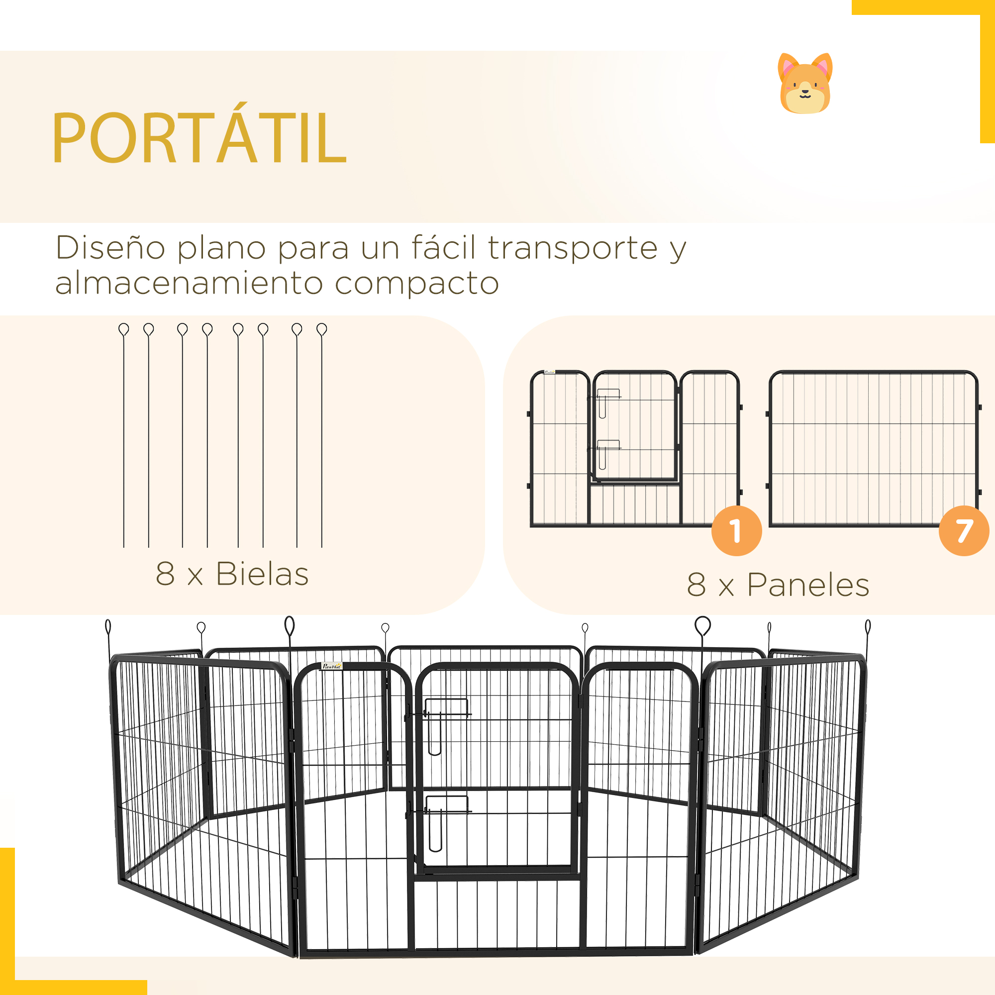 Corral portátil para mascotas. Ocho paneles y ocho estacas. Fácil transporte, almacenamiento compacto.
