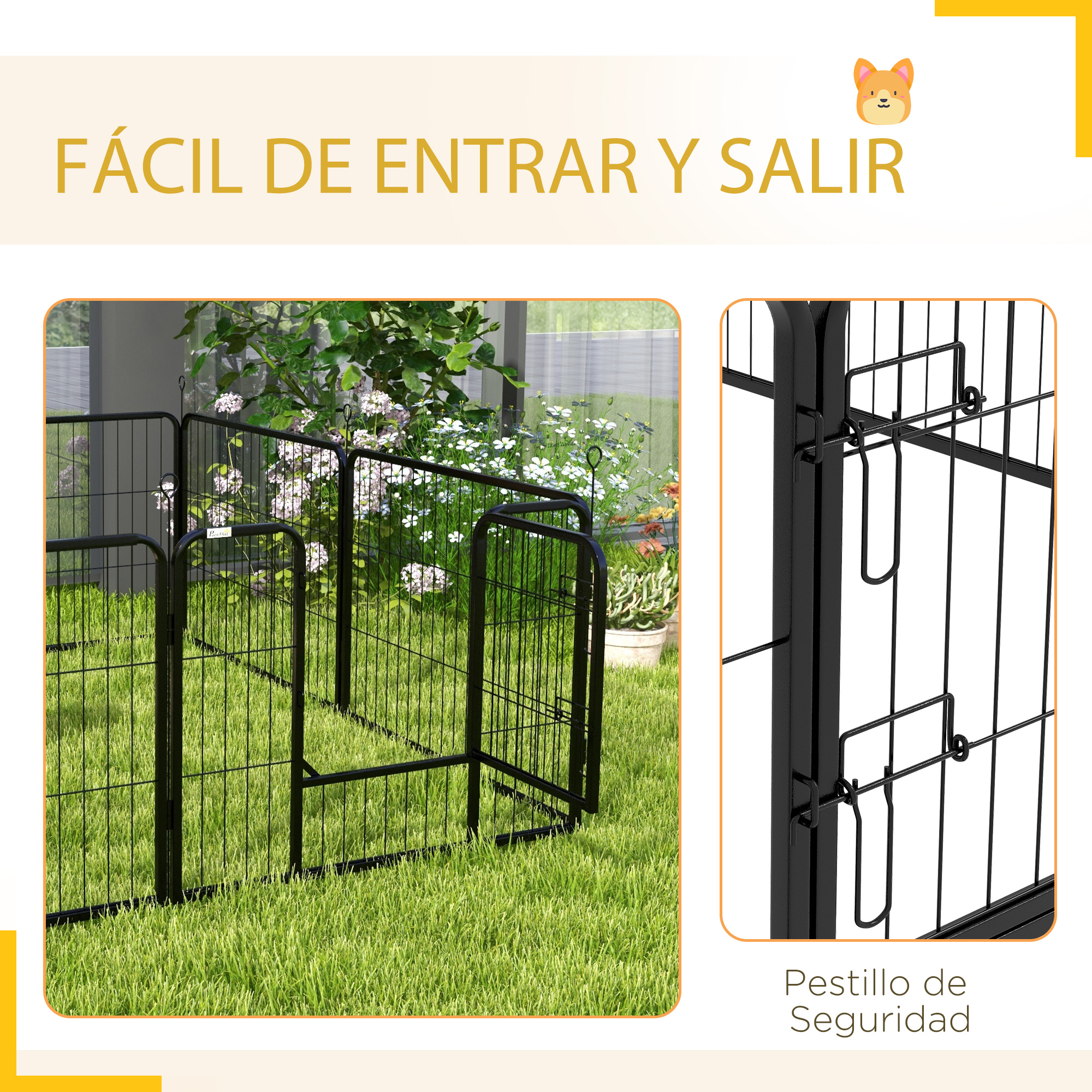 Un corral de metal negro con una puerta. La puerta está abierta. Un primer plano muestra el mecanismo de cierre.