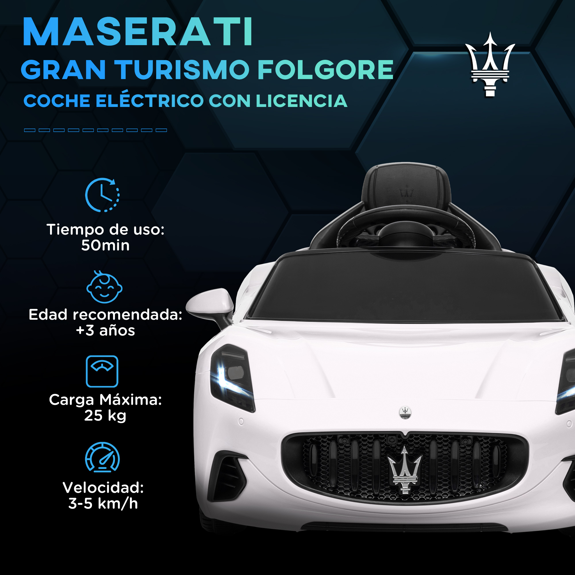 Coche Maserati blanco con interior negro. Fondo azul con especificaciones. Texto con características.